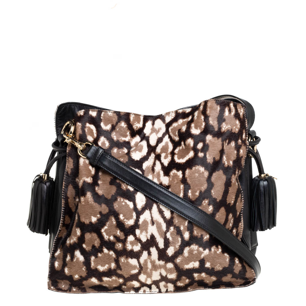 Pre-owned Loewe Black/brown Leopard Print Calfhair And Leather Tassel Shoulder Bag