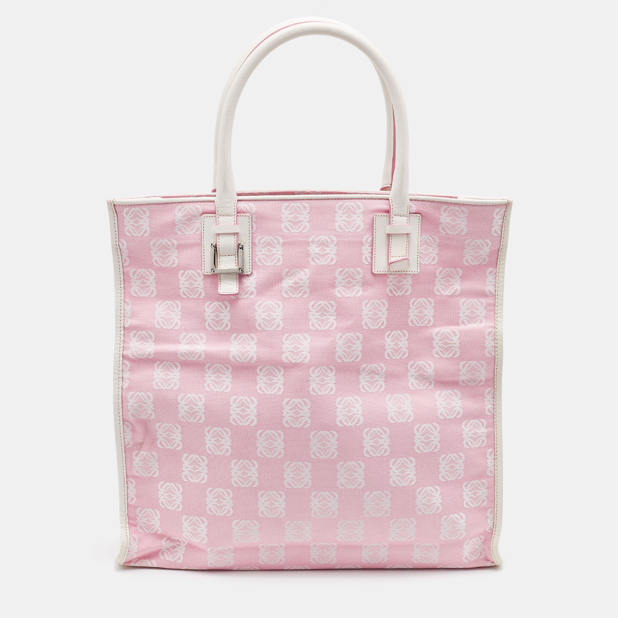 Pre-owned Loewe Pink/white Anagram Monogram Canvas And Leather Shopper Tote