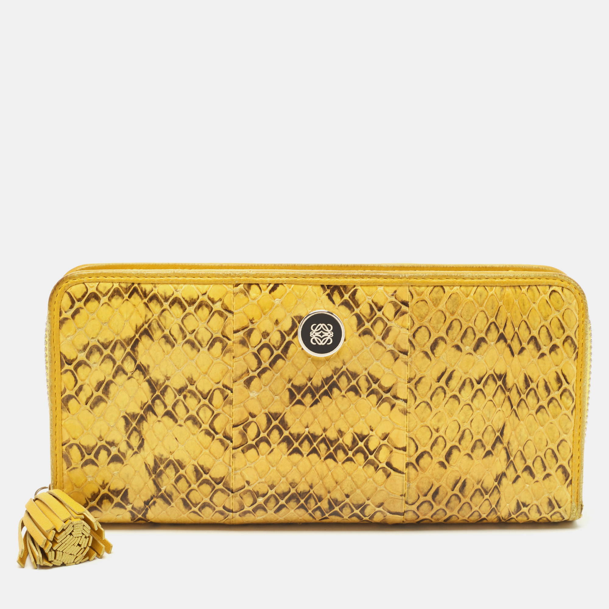 Pre-owned Loewe Yellow Snake Leather Tassel Zip Around Wallet
