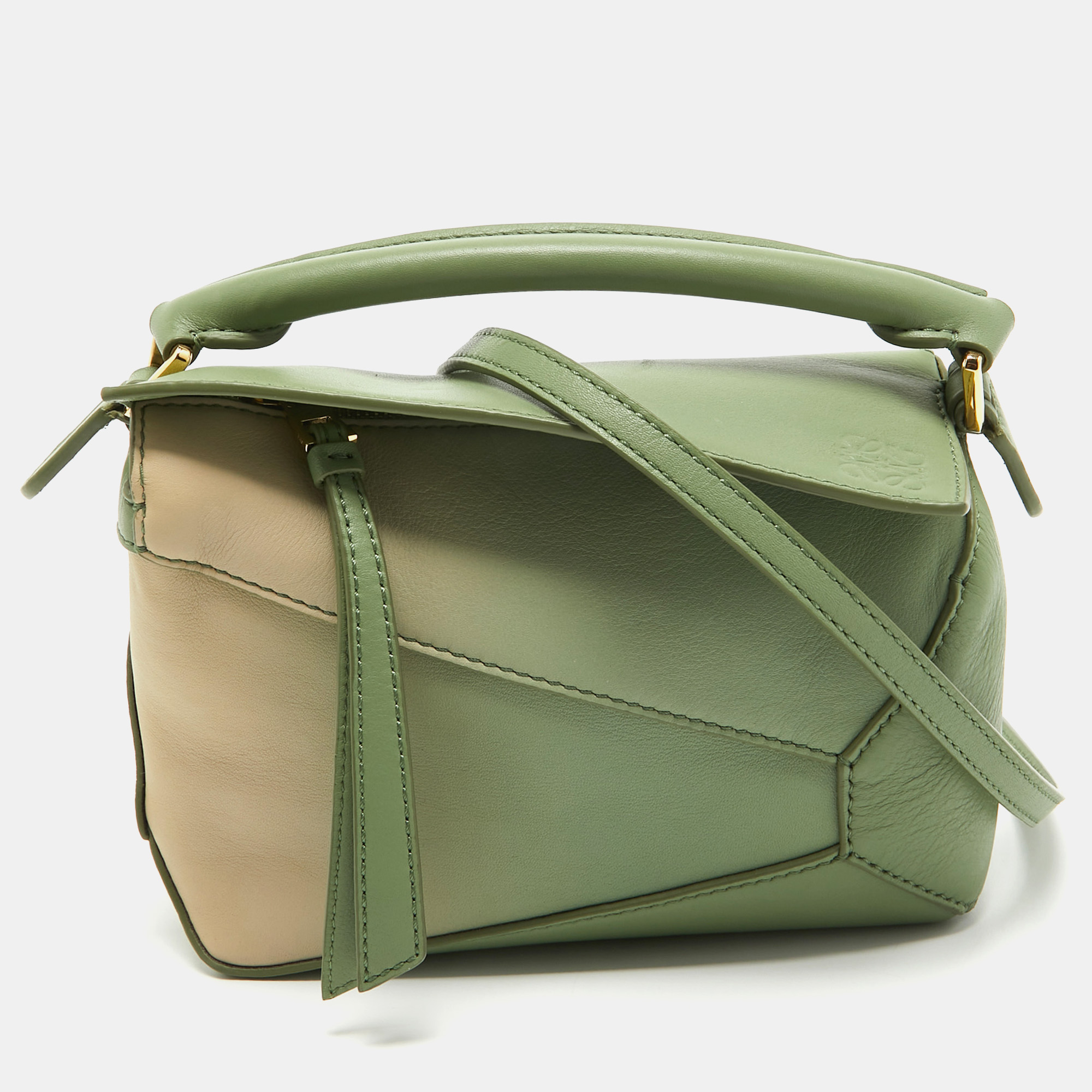 Pre Owned Loewe Pastel Green Leather Mini Degrade Puzzle Shoulder Bag