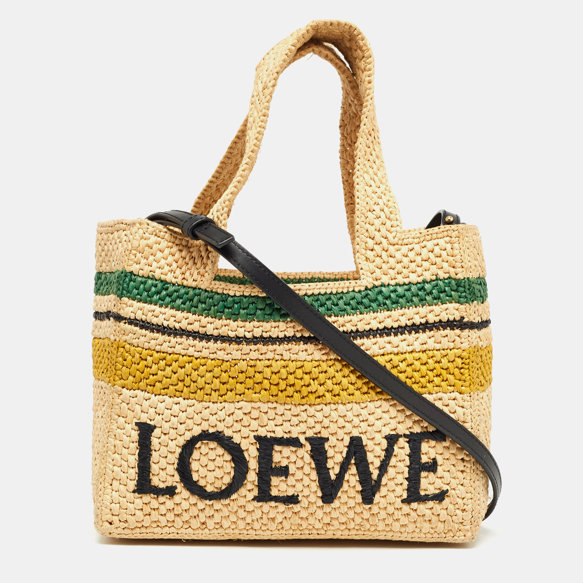 Pre Owned Loewe x Paula Ibiza Cream/Black Raffia and Leather Logo Stripe Tote