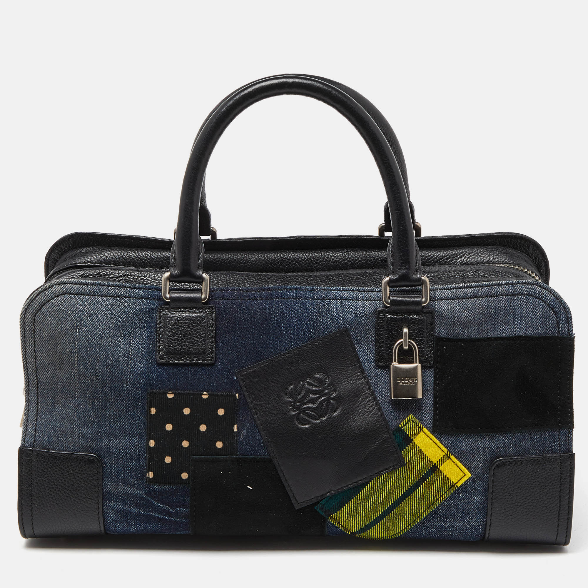 Pre-owned Loewe X Junya Watanabe Multicolor Leather Denim And Suede Amazona 35 Patchwork Bag
