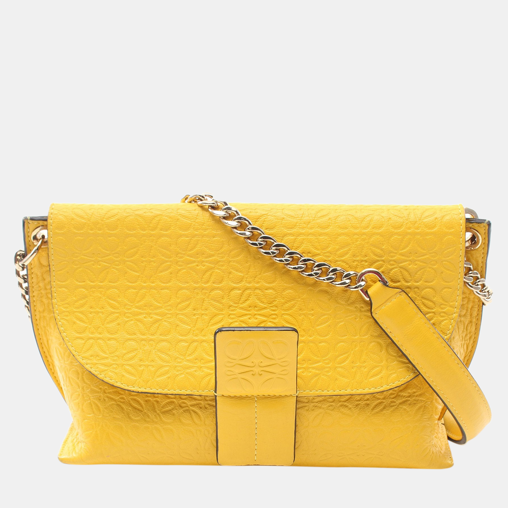 Pre-owned Loewe Repeat Anagram Avenue Chain Shoulder Bag Leather Yellow