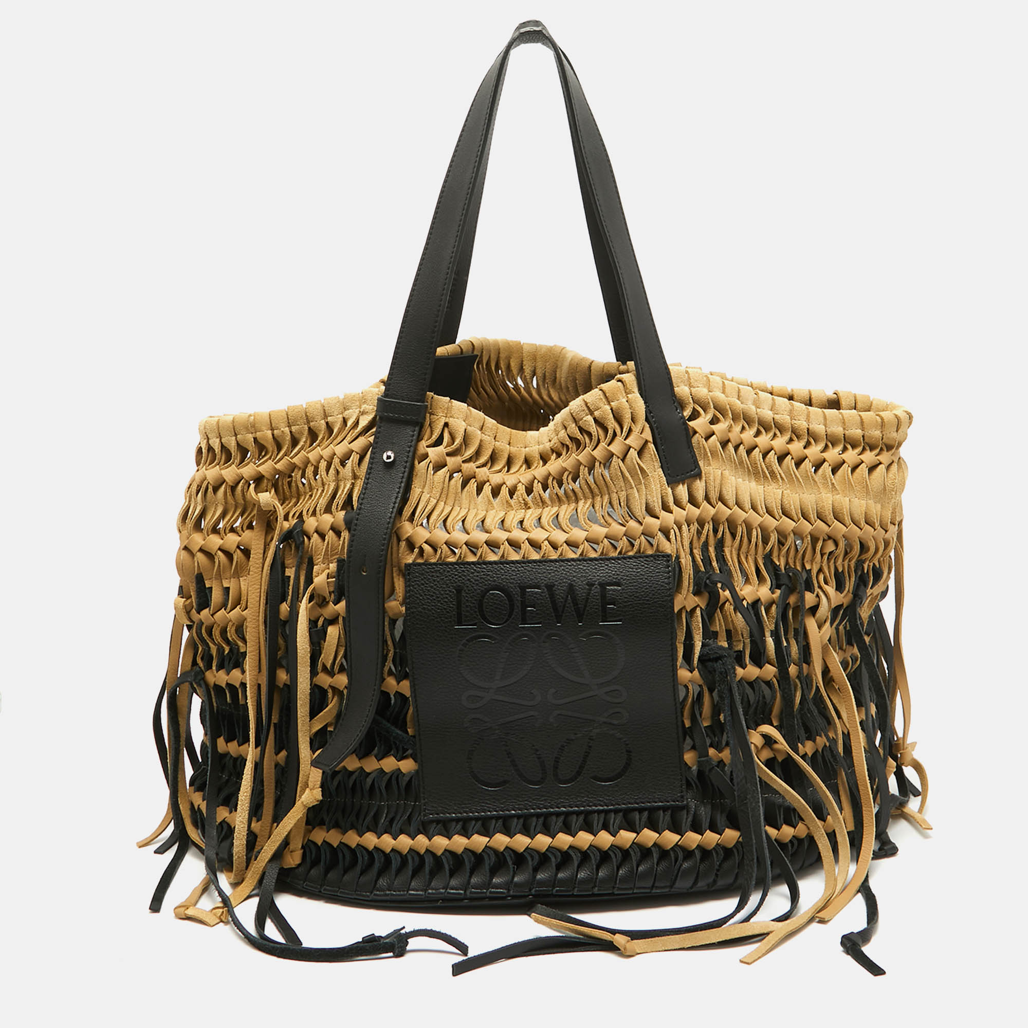Pre-owned Loewe Black/beige Suede And Leather Anagram Woven Fringe Tote