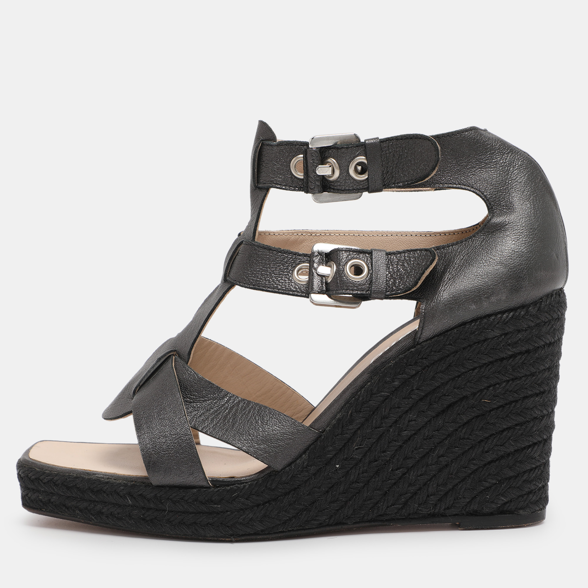 Pre-owned Loewe Grey Leather Strappy Wedge Sandals Size 39 In Gray