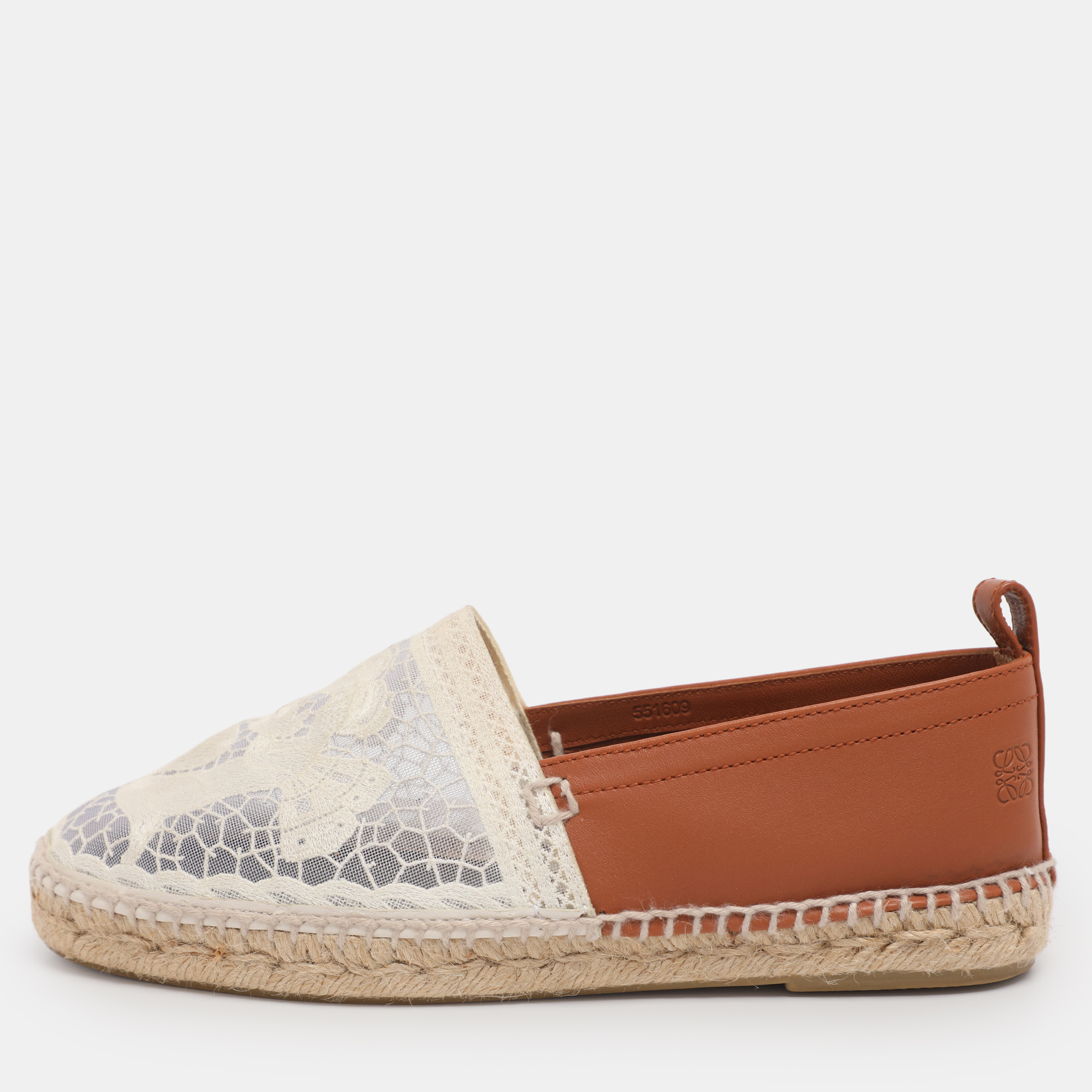 Pre-owned Loewe White/brown Lace And Leather Espadrille Flats Size 37
