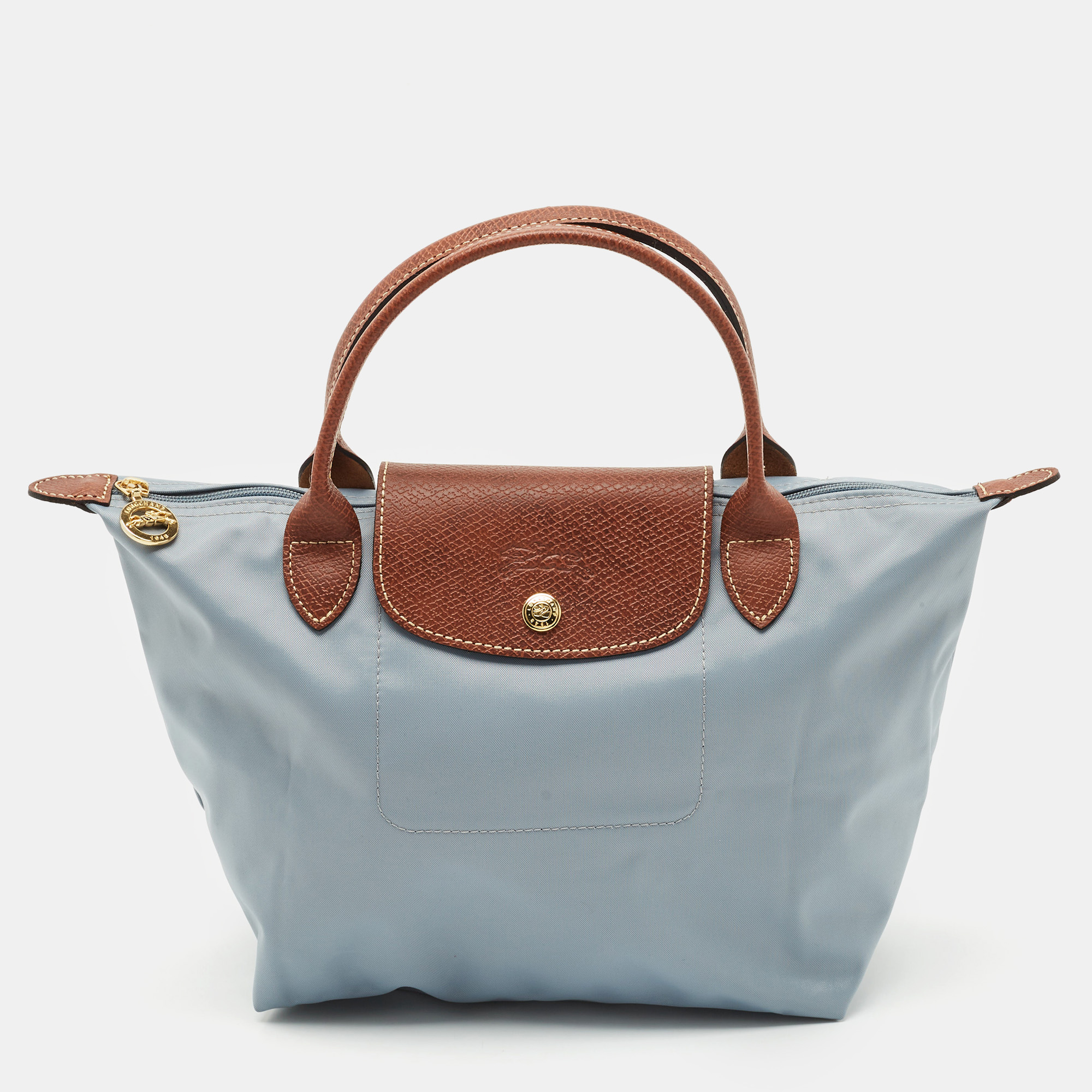 

Longchamp Light Blue/Brown Nylon  Short Le Pliage Tote