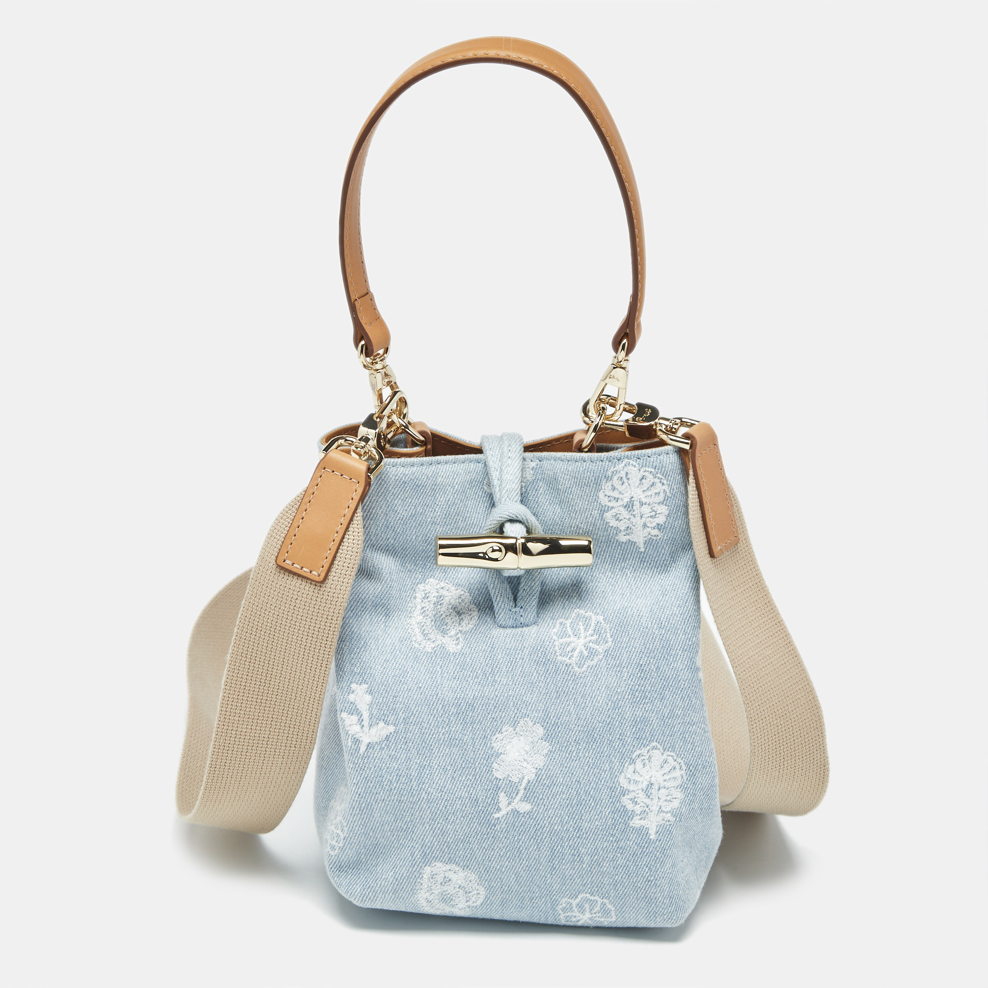 

Longchamp Blue Denim Mini Le Roseau Bucket Bag