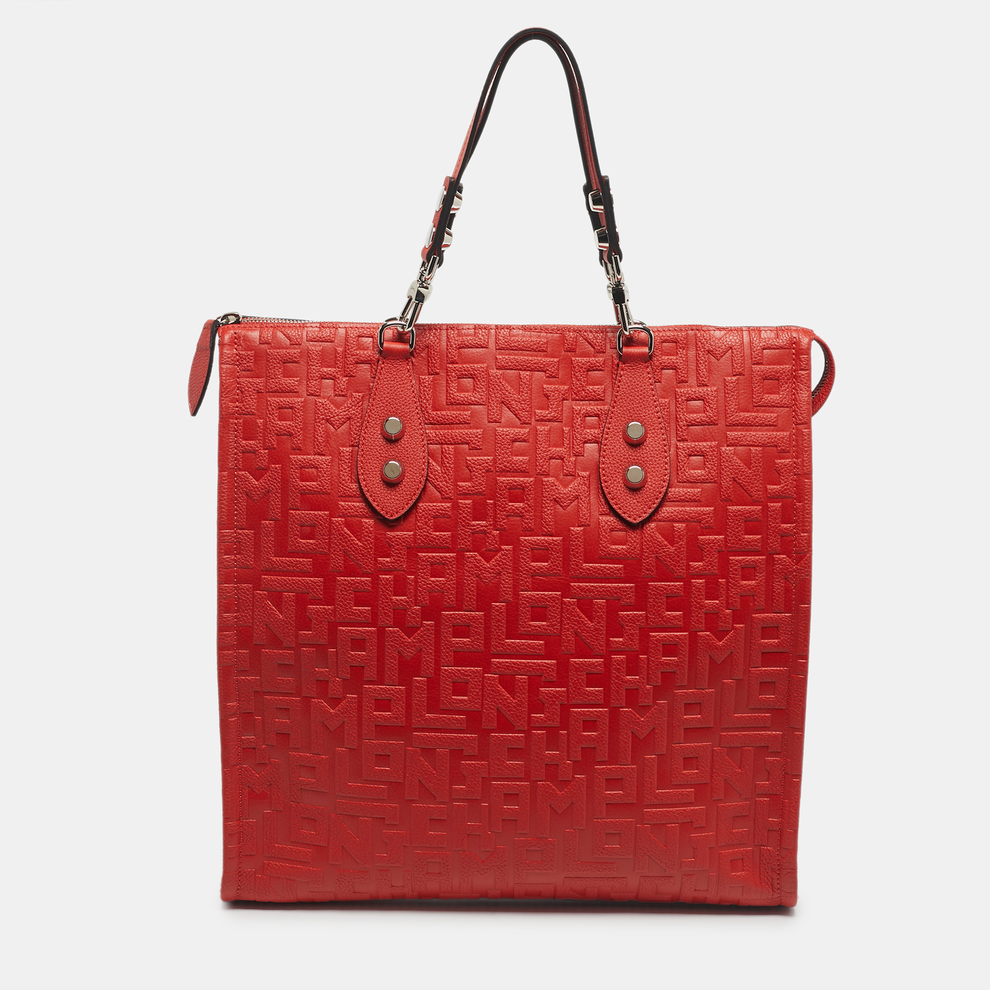 

Longchamp Red Monogram Embossed Leather La Voyageuse Vertical Tote