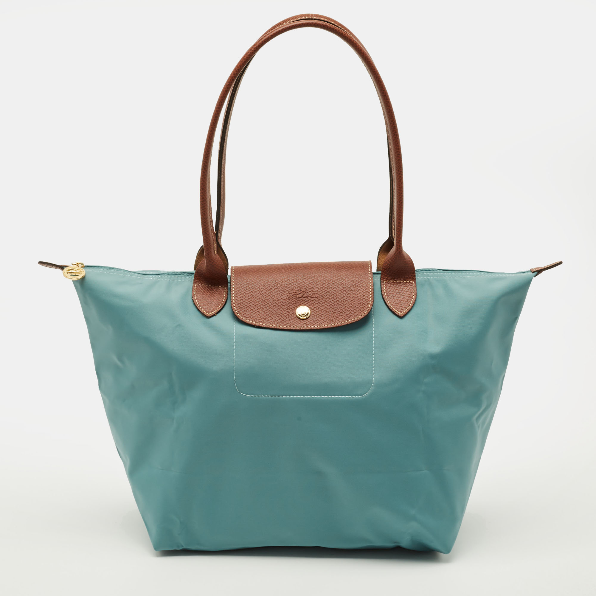 

Longchamp Le Pliage Medium Light Blue/Brown Nylon and Leather Tote