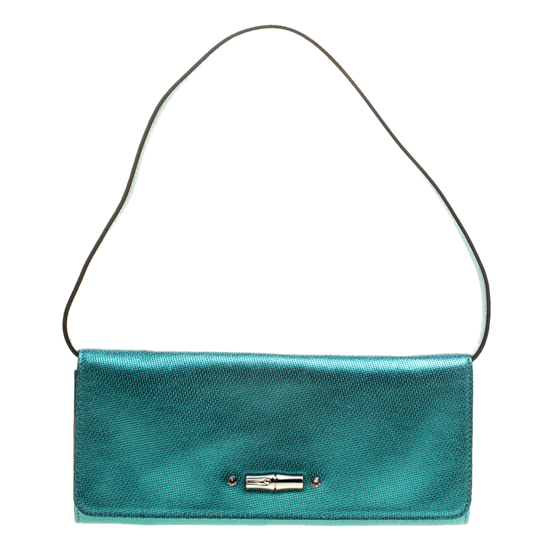 Longchamp Metallic Green Leather All Clutch 