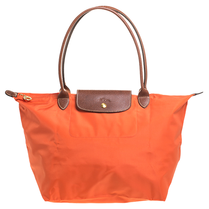 Longchamp Orange Nylon and Leather Medium Le Pliage Tote Longchamp ...