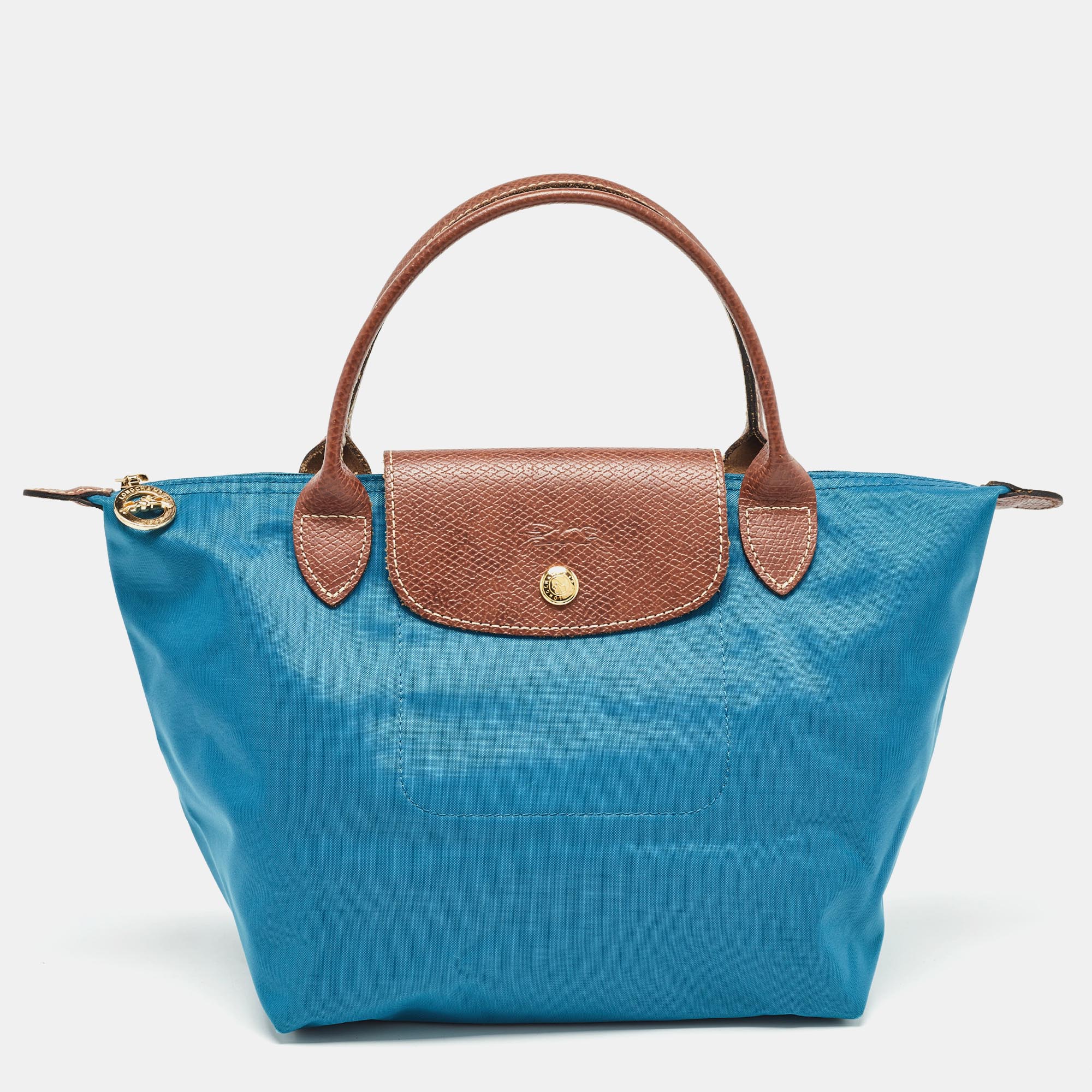 

Longchamp Brown/Teal Blue Nylon and Leather  Short Le Pliage Tote