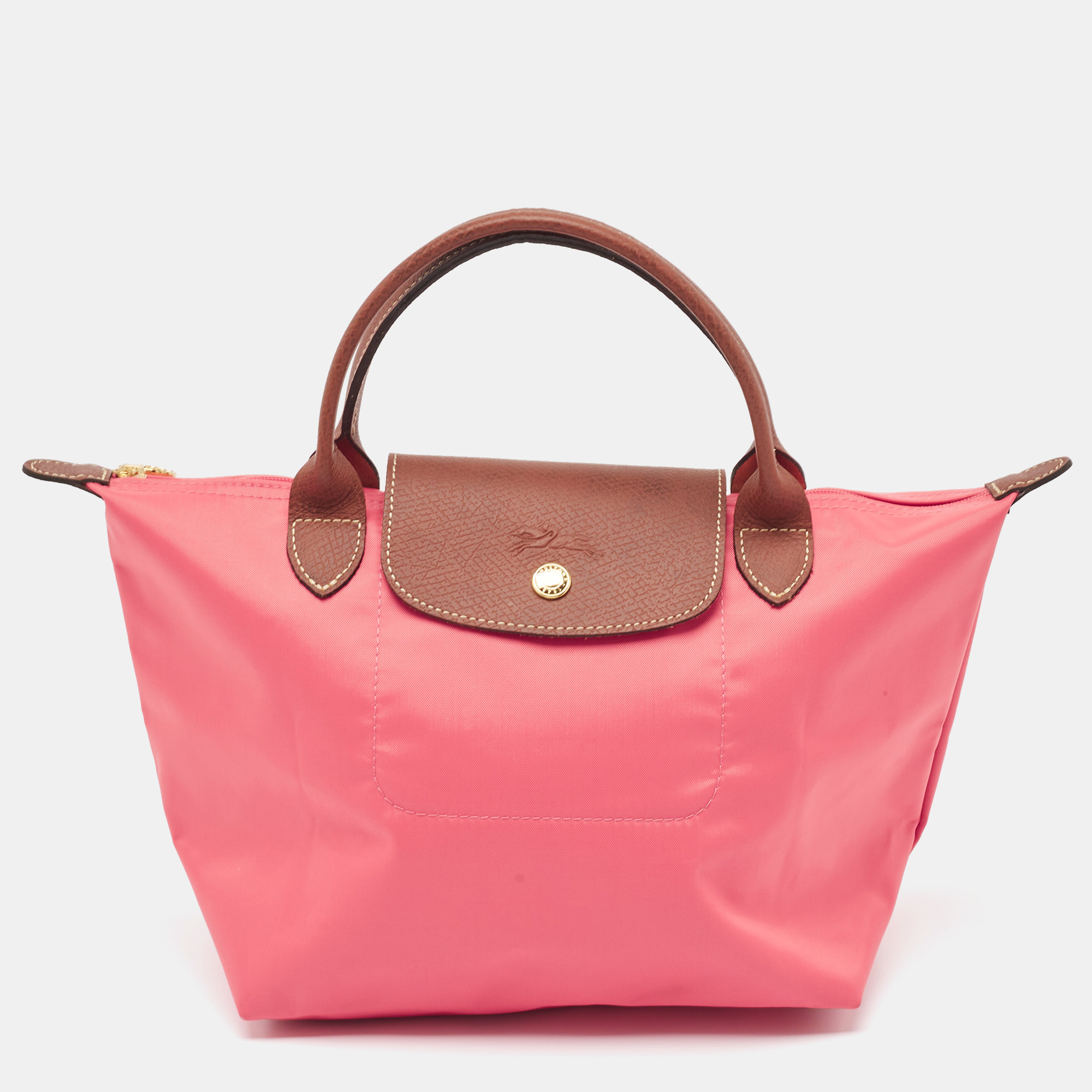 

Longchamp Pink/Brown Nylon and Leather Small Short Le Pliage Tote