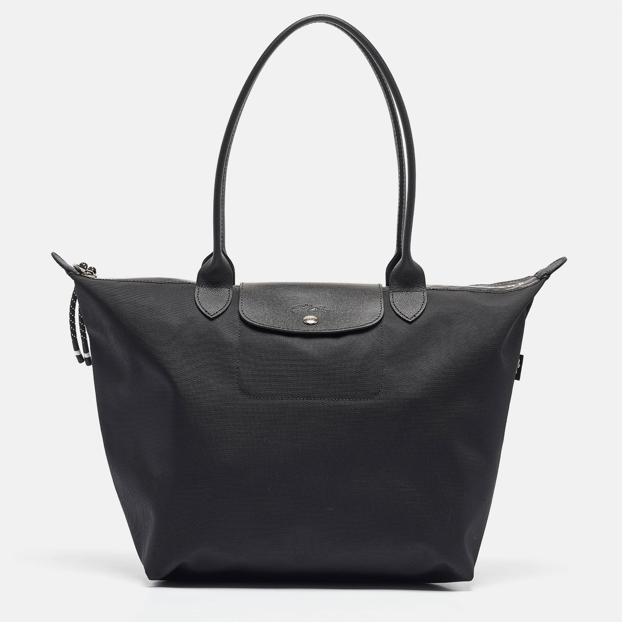 

Longchamp Black Leather and Nylon Le Pliage Tote