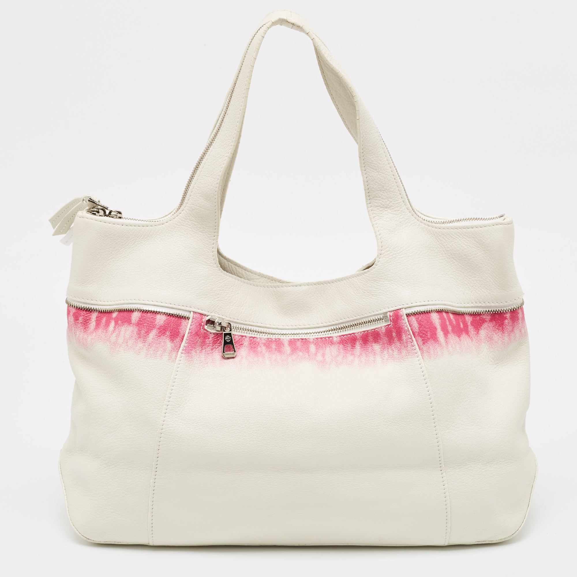 

Longchamp White/Fuchsia Leather Zip Details Tote