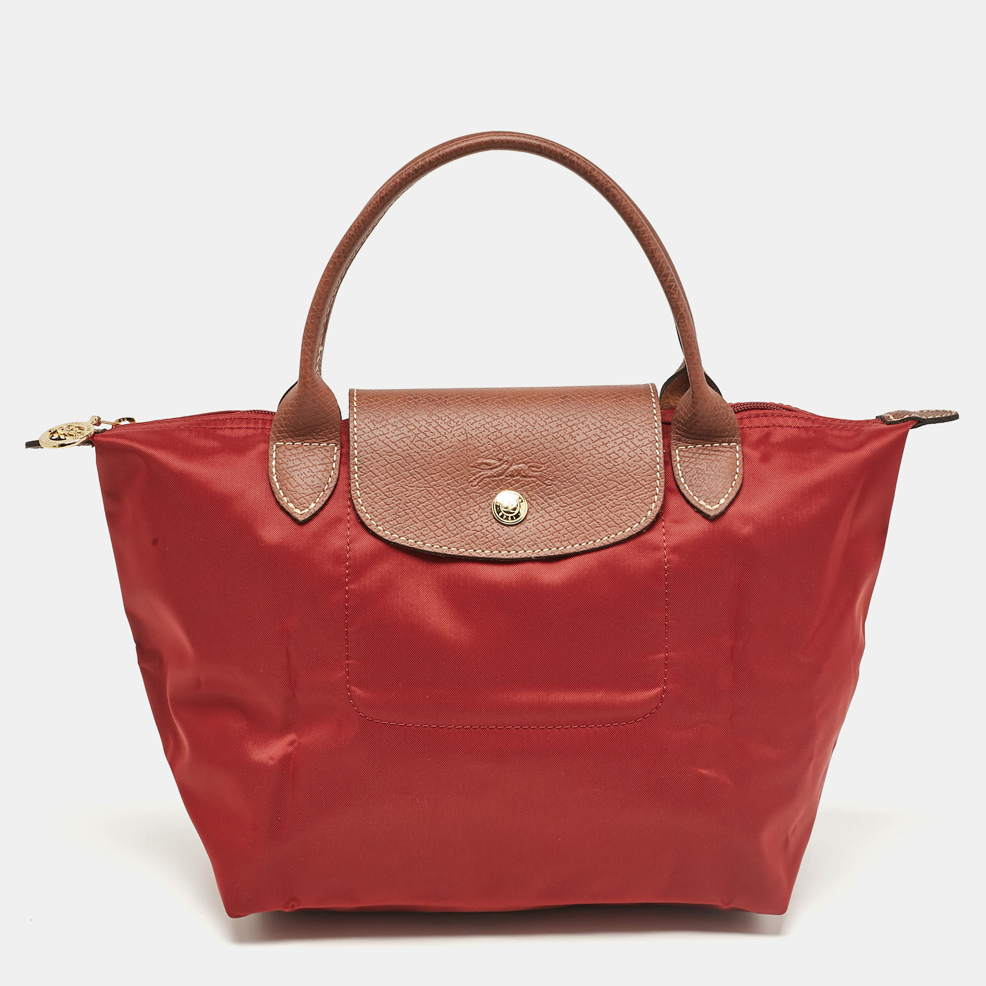 

Longchamp Maroon Nylon and Leather Small Le Pliage Short Handle Tote, Red