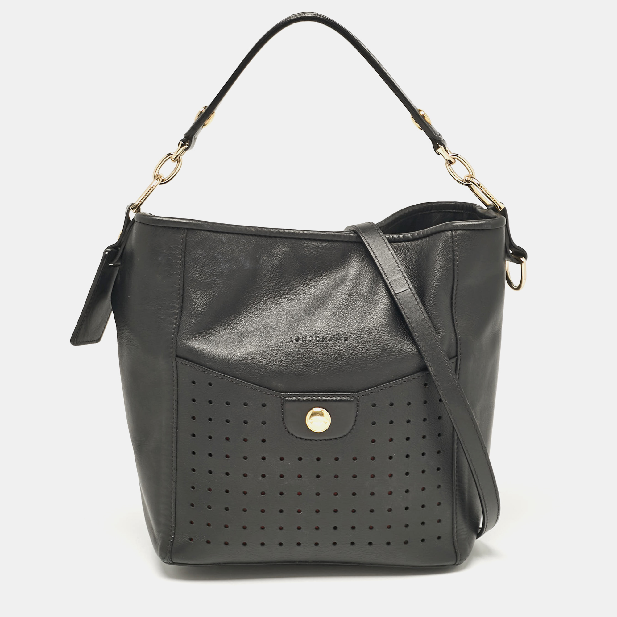 

Longchamp Black Leather Perforated Mademoiselle Bucket Bag