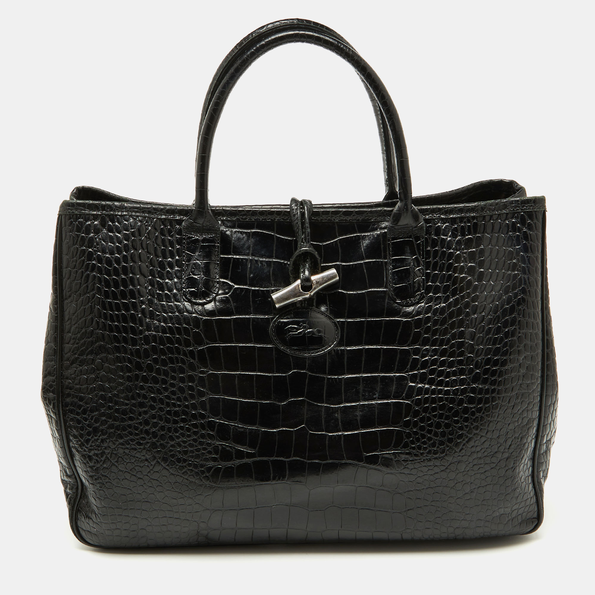 

Longchamp Black Croc Embossed Leather Roseau Tote