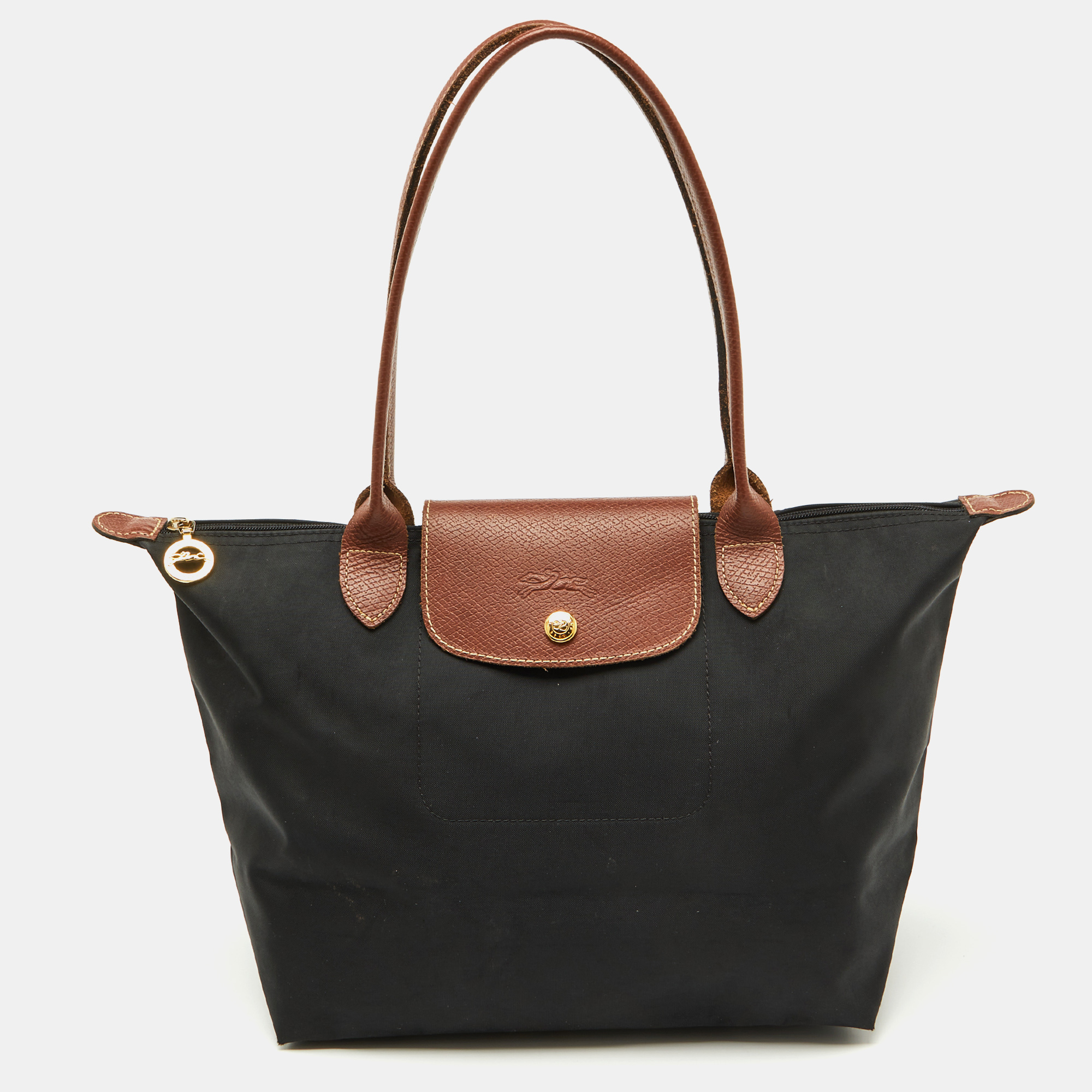 

Longchamp Black/Brown Nylon and Leather S Le Pliage Tote