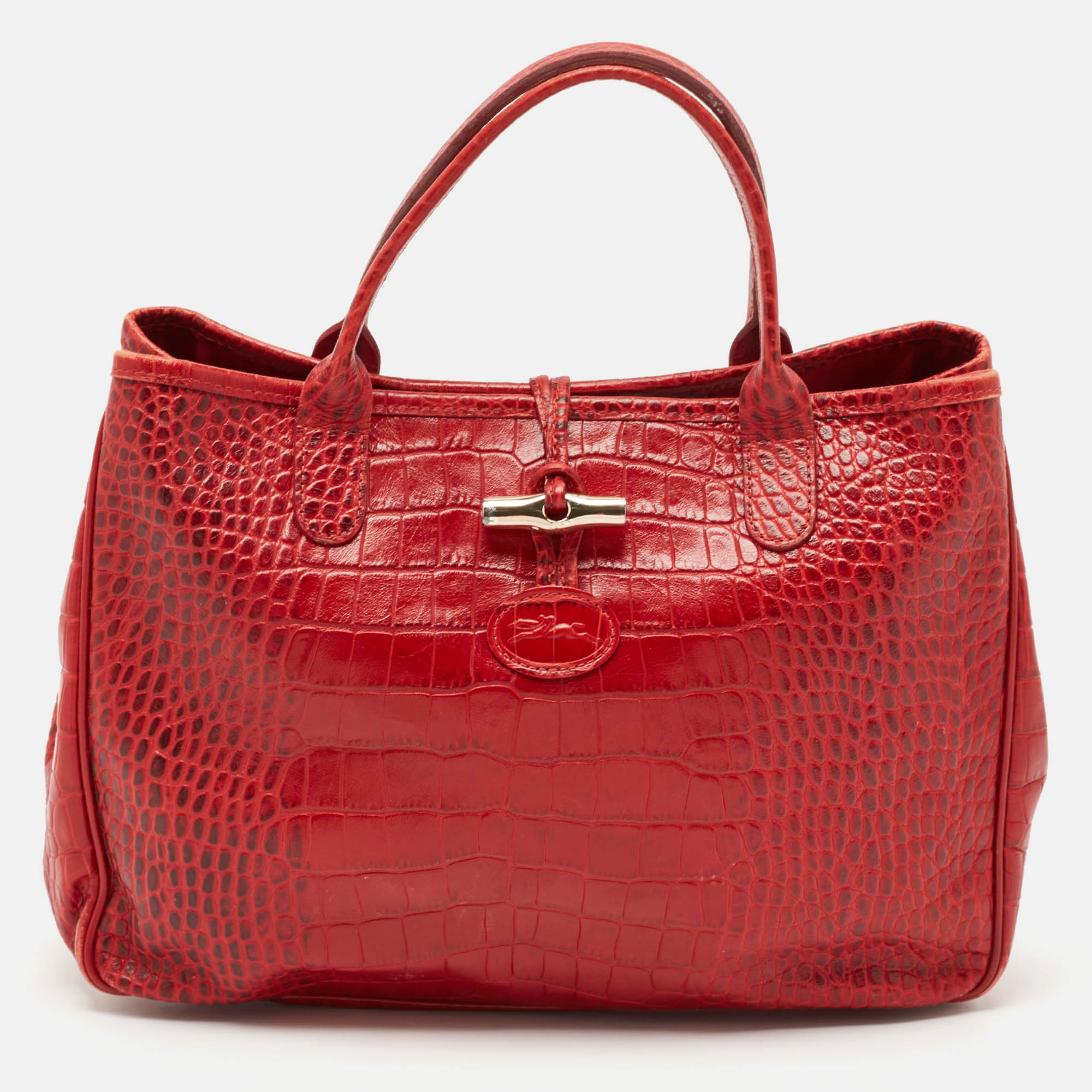 

Longchamp Red Croc Embossed Leather Roseau Tote