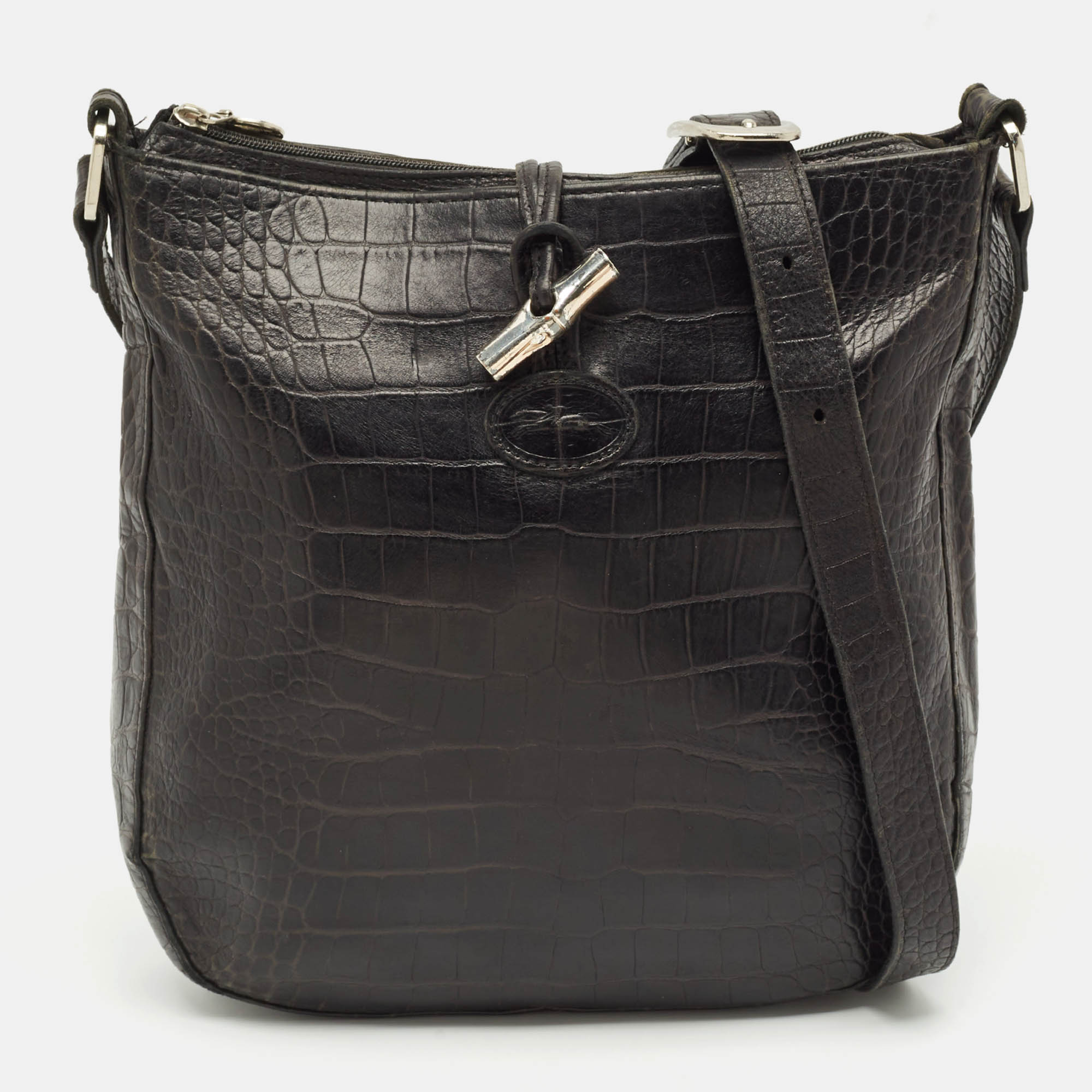 

Longchamp Black Croc Embossed Leather Le Roseau Messenger Bag