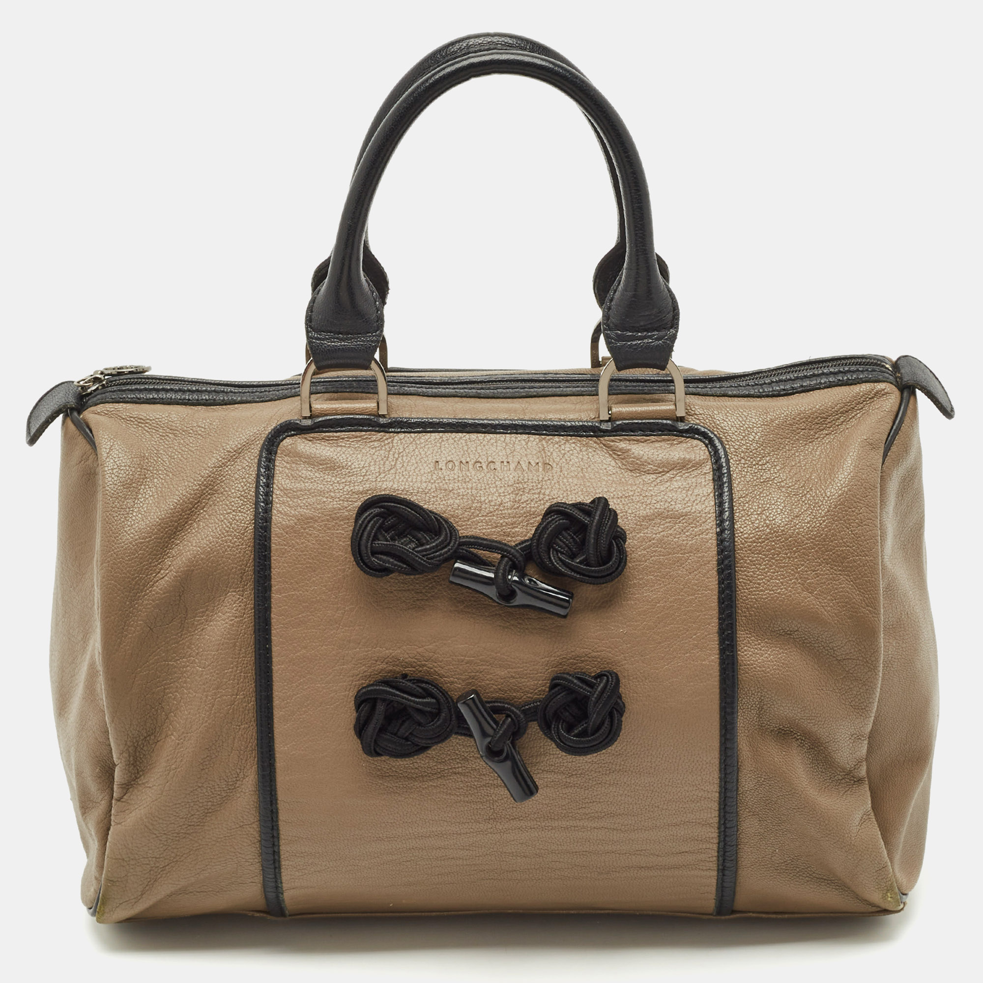 

Longchamp Beige/Black Leather Tie Applique Satchel