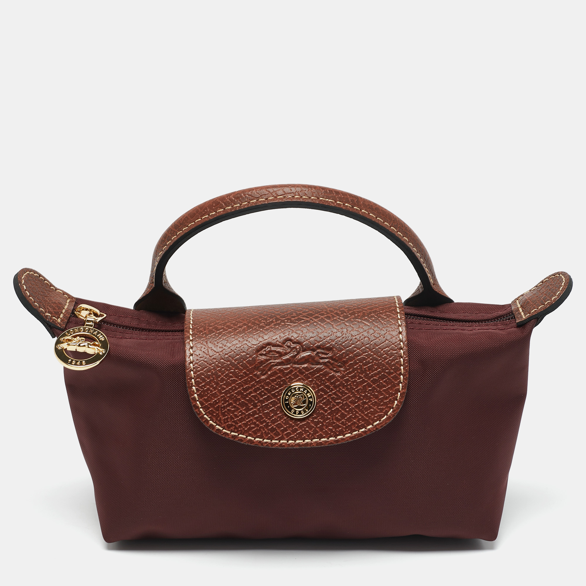 

Longchamp Burgundy Leather and Nylon Le Pliage Pouch