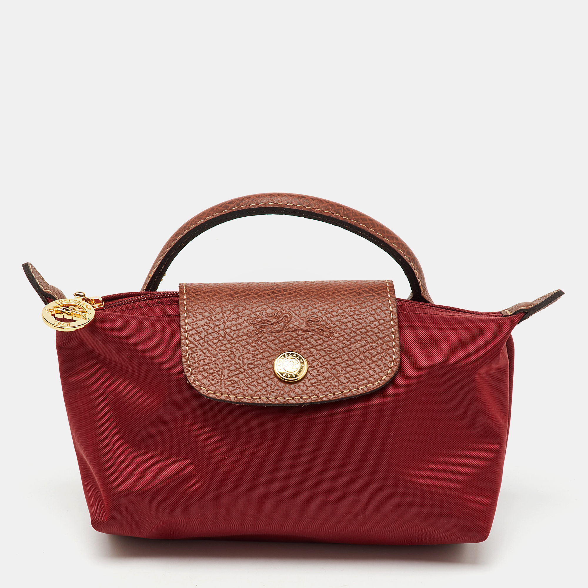 

Longchamp Dark Red/Brown Nylon and Leather Le Pliage Handle Pouch