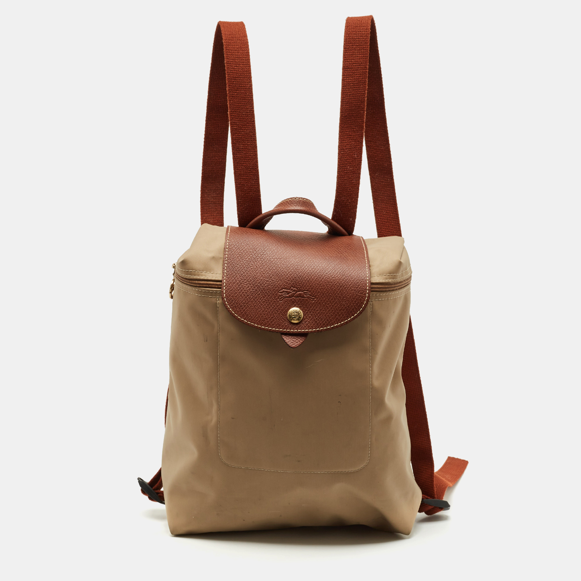 

Longchamp Beige/Brown Nylon and Leather Le Pliage Backpack