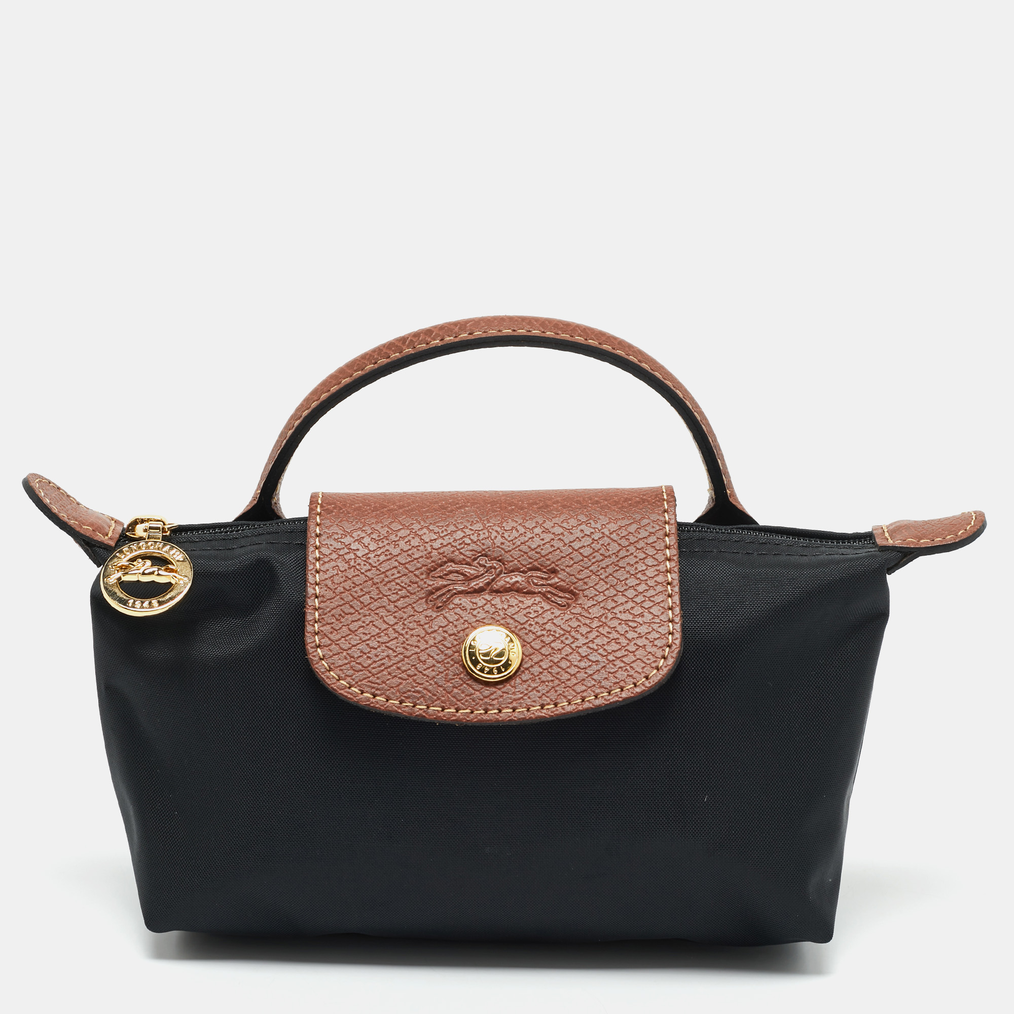 

Longchamp Black/Brown Leather and Nylon Le Pliage Pouch