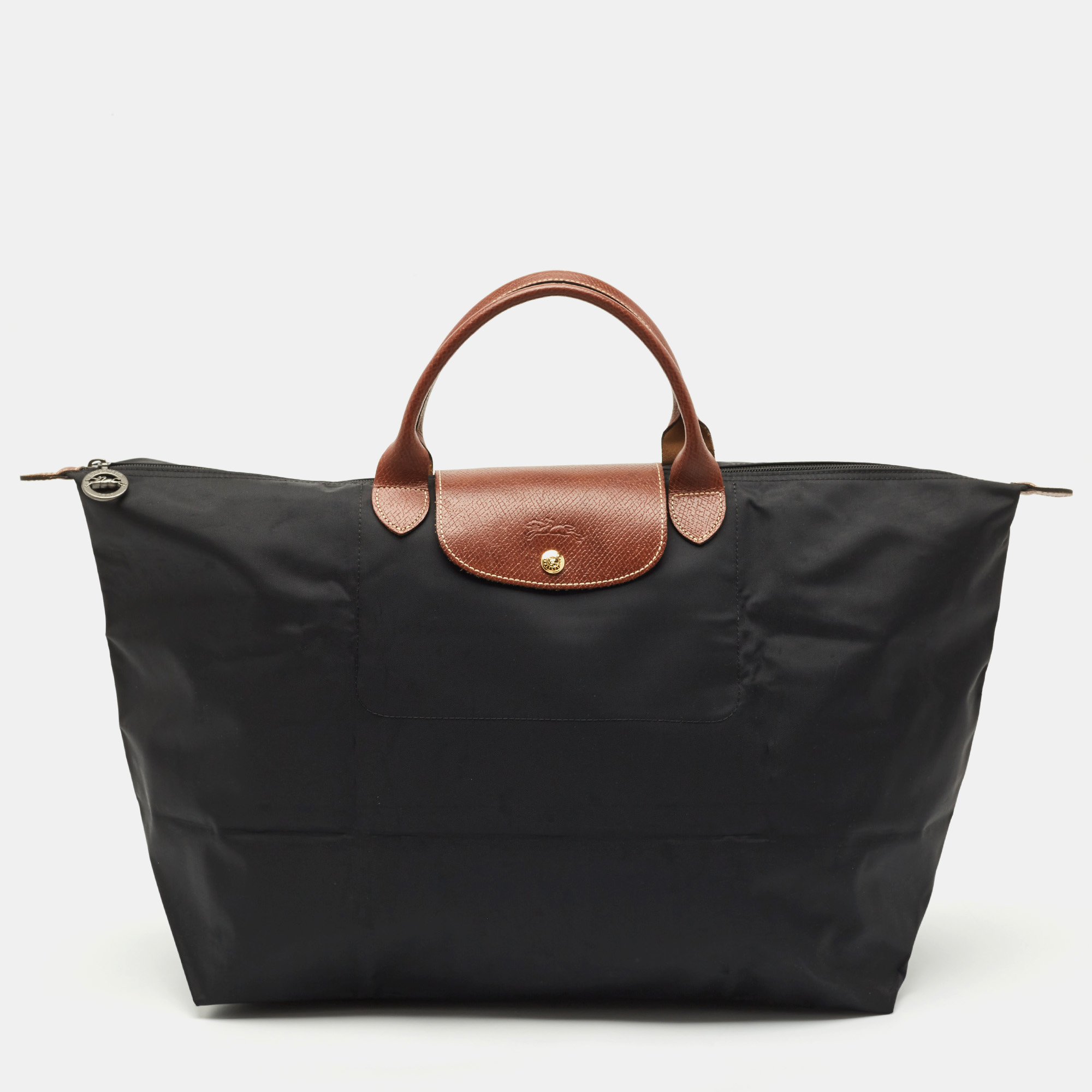 

Longchamp Black/Brown Nylon and Leather Large Le Pliage Travel Bag