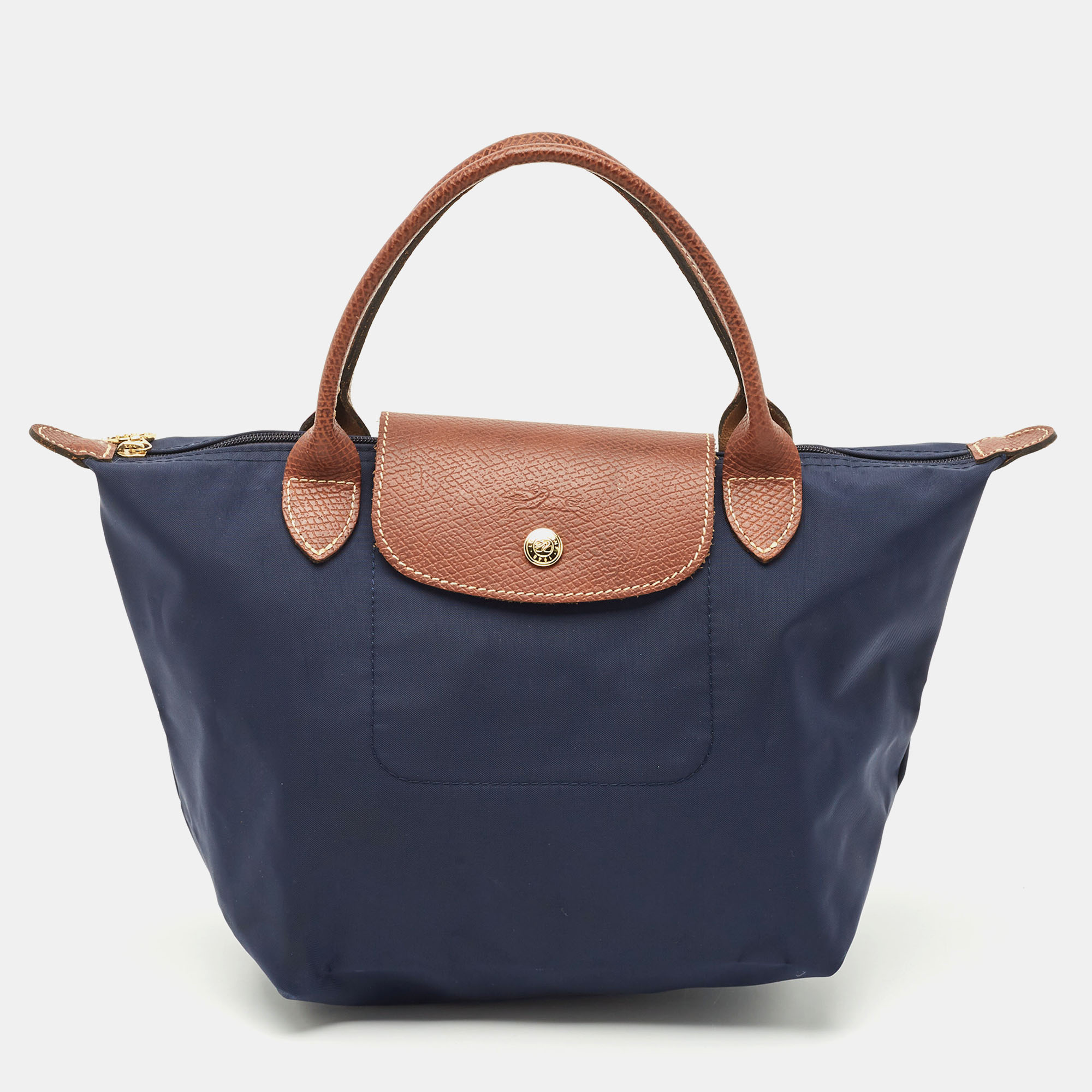 

Longchamp Navy Blue/Brown Nylon and Leather Small Short Le Pliage Tote