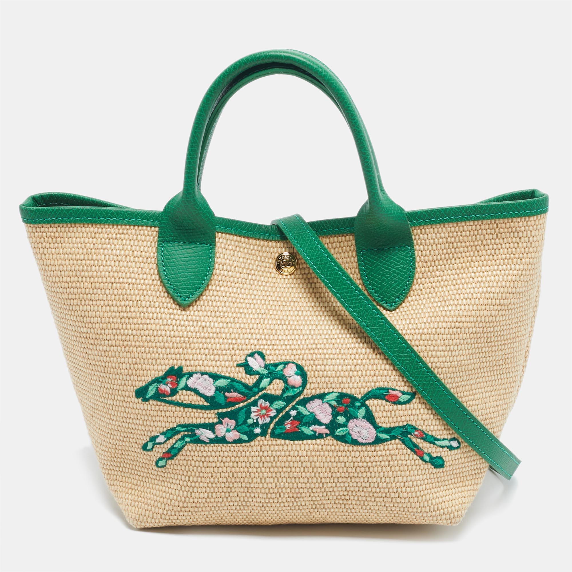 

Longchamp Green/Natural Raffia  Le Panier Pliage Basket Bag