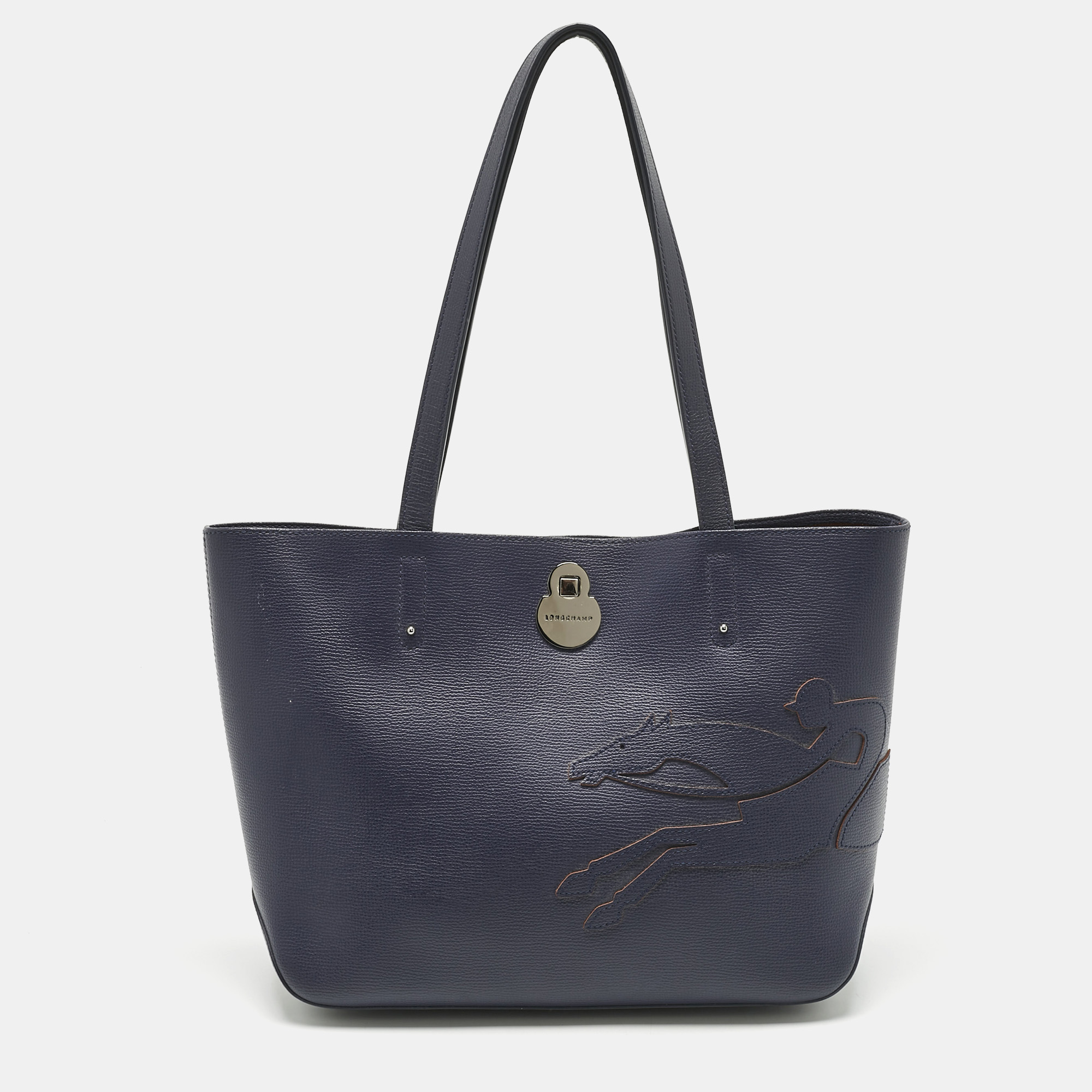 

Longchamp Navy Blue Leather Shop it Shopper Tote