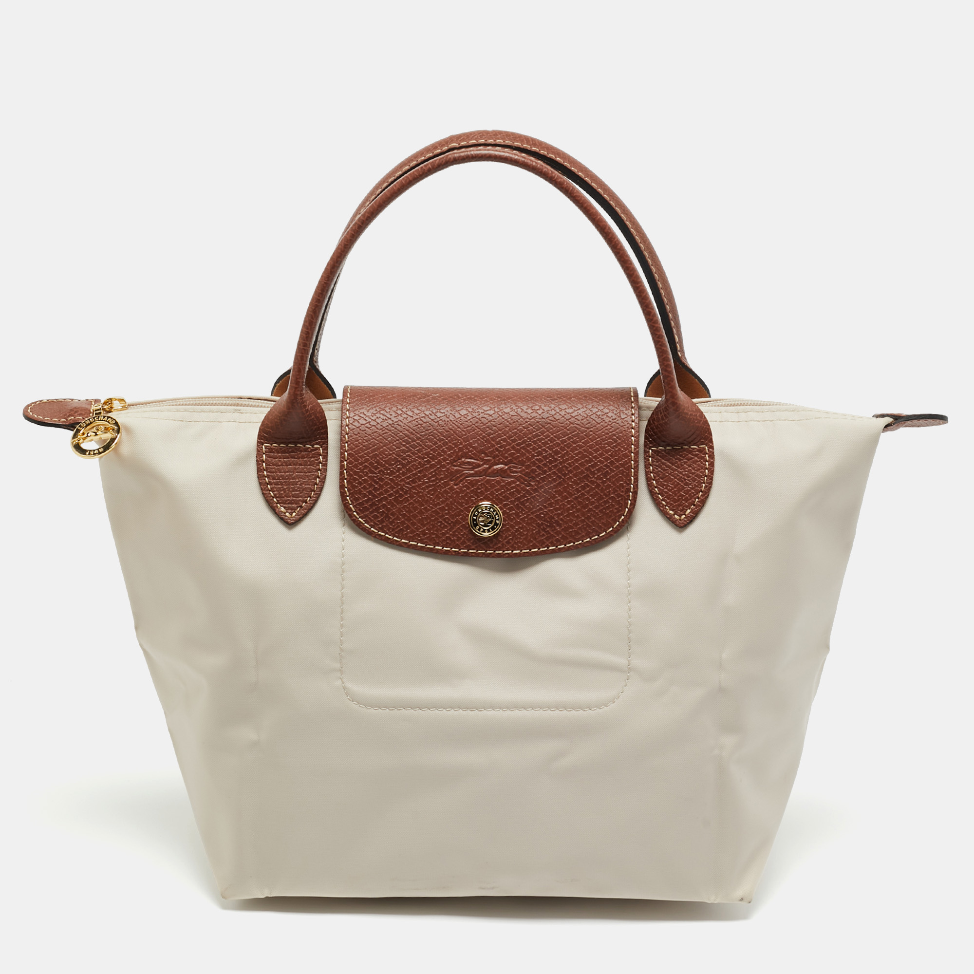 Pre-owned Longchamp Beige/brown Nylon And Leather Small Short Le Pliage Tote In Sand