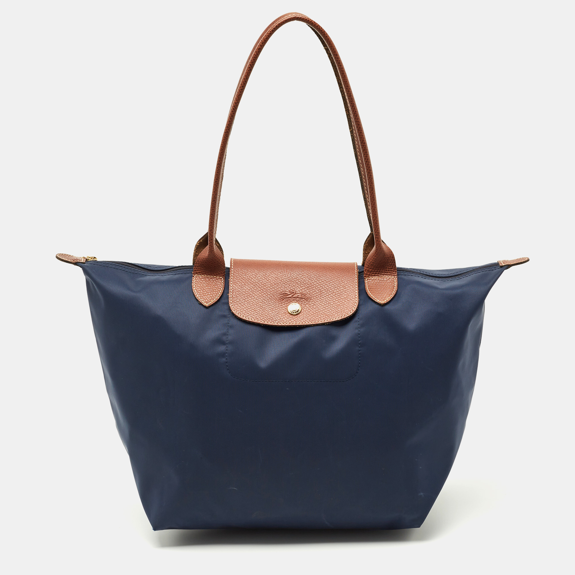 

Longchamp Navy Blue/Brown Nylon  Le Pliage Tote