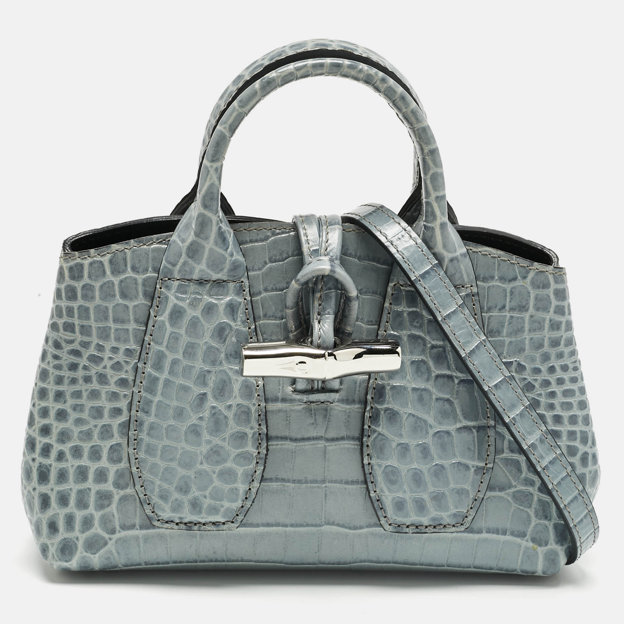 

Longchamp Blue Croc Embossed Leather Roseau Crossbody Bag