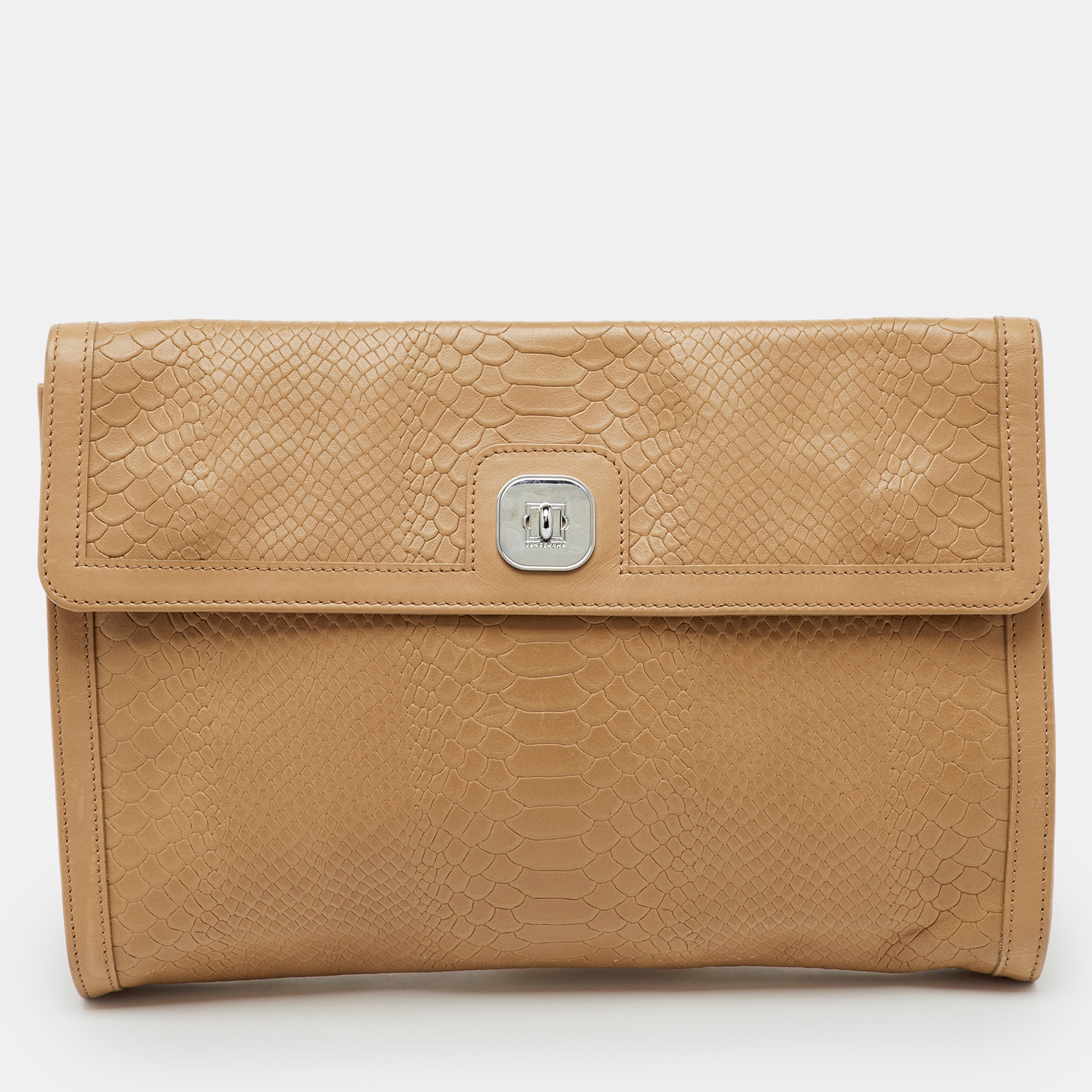 

Longchamp Beige Croc Embossed Leather Oversized Clutch