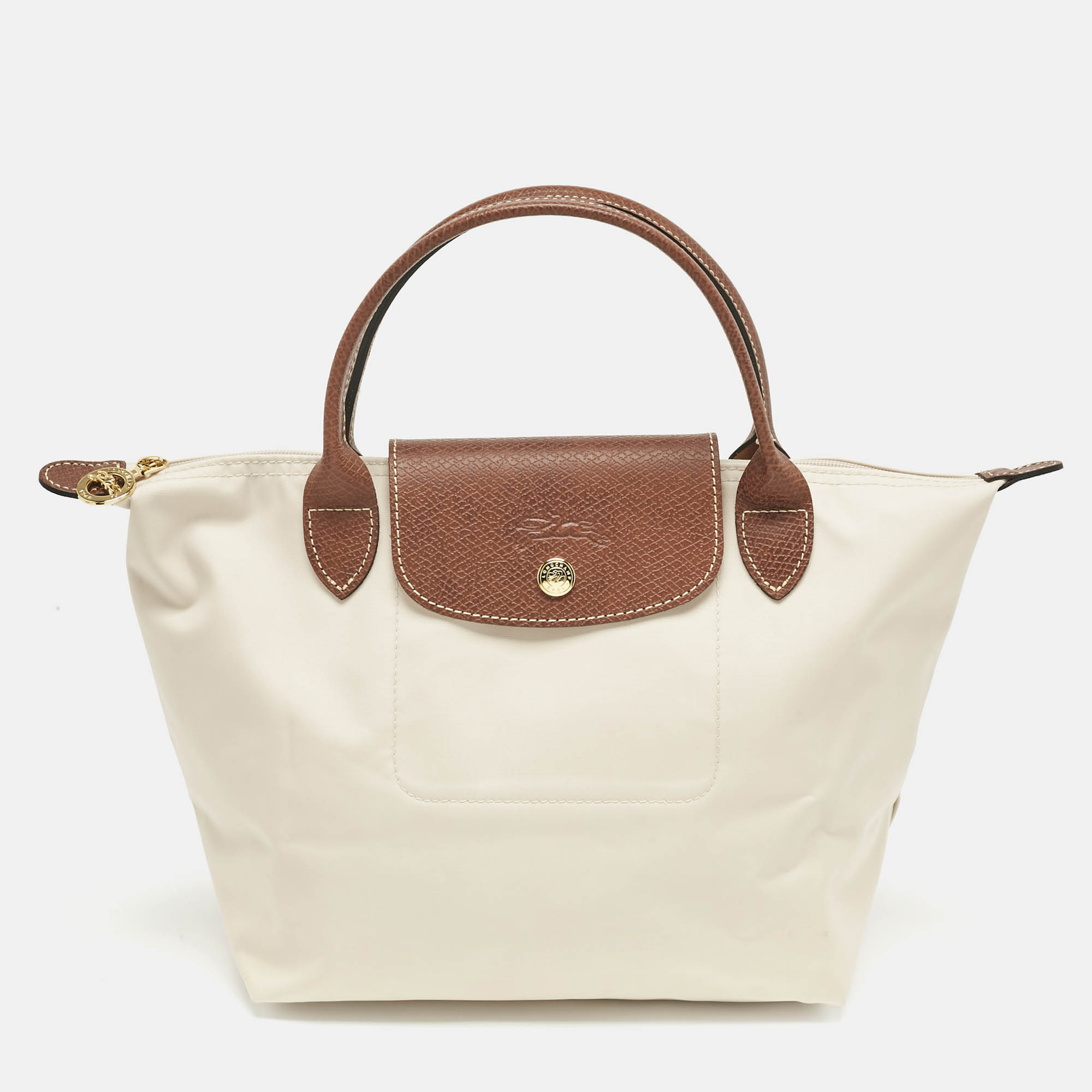 Pre-owned Longchamp Brown/ivory Nylon Small Short Le Pliage Tote