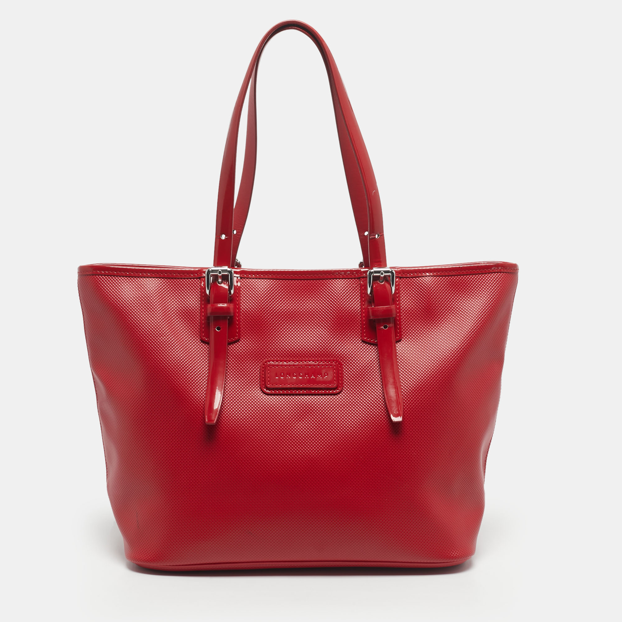 

Longchamp Red Coated Canvas and Patent Leather Derby Verni Shopper Tote