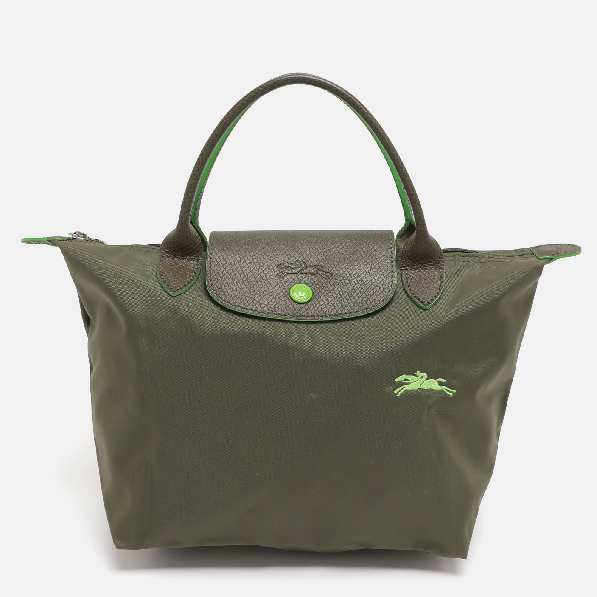 Pre-owned Longchamp Green Nylon And Leather Small Short Le Pliage Tote