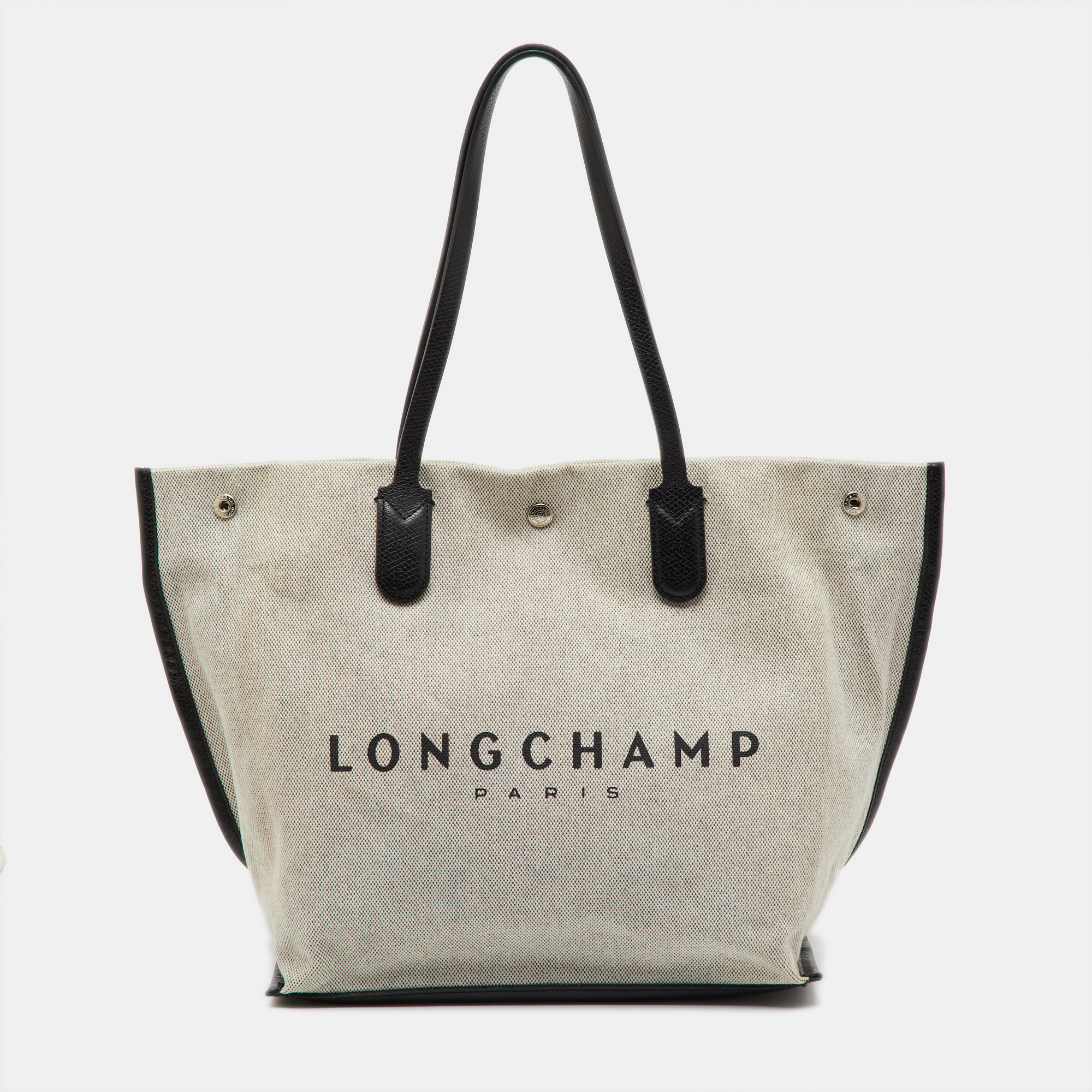 

Longchamp White/Black Canvas and Leather Large Essential Tote