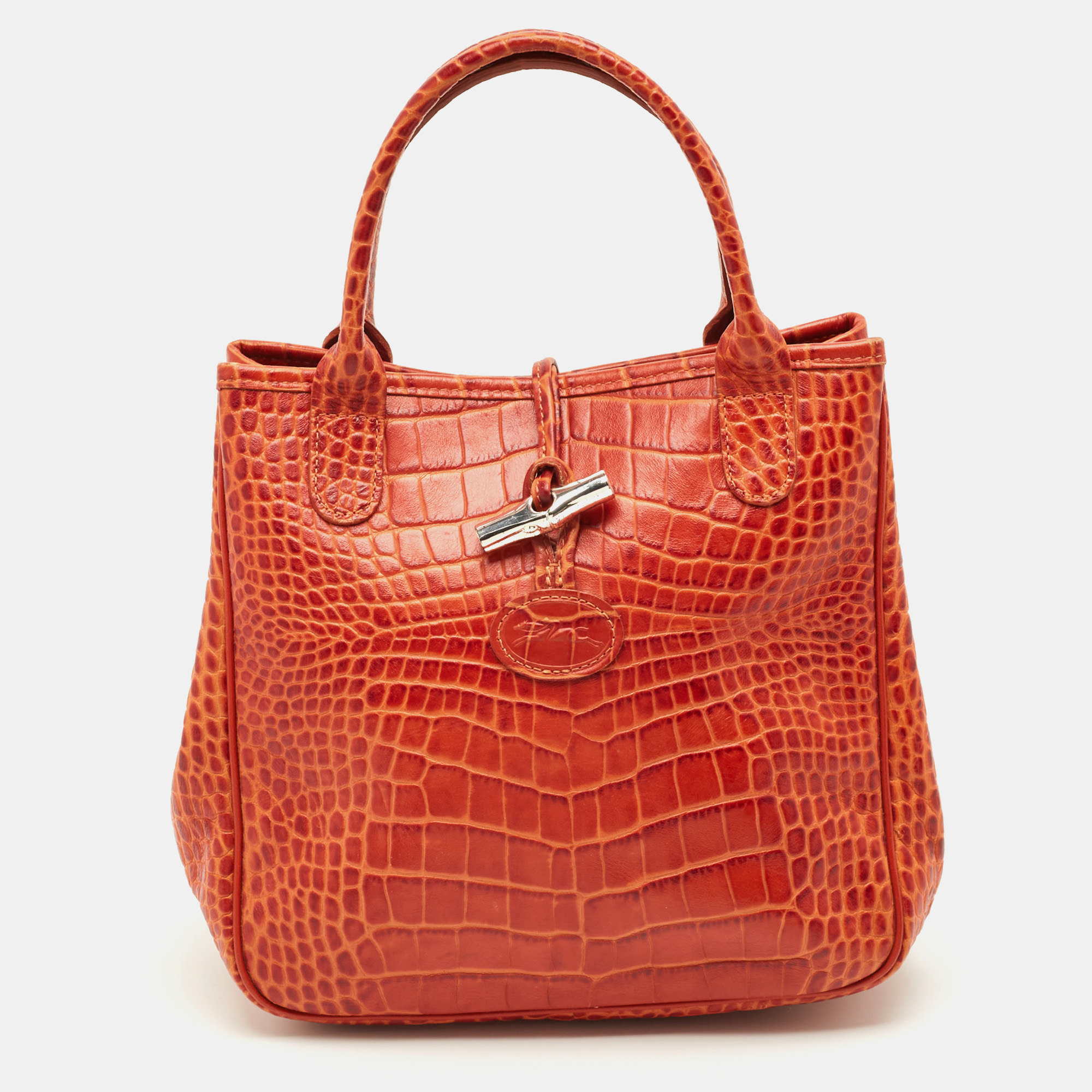 

Longchamp Roseau Mini Croc Embossed Leather Tote, Brown