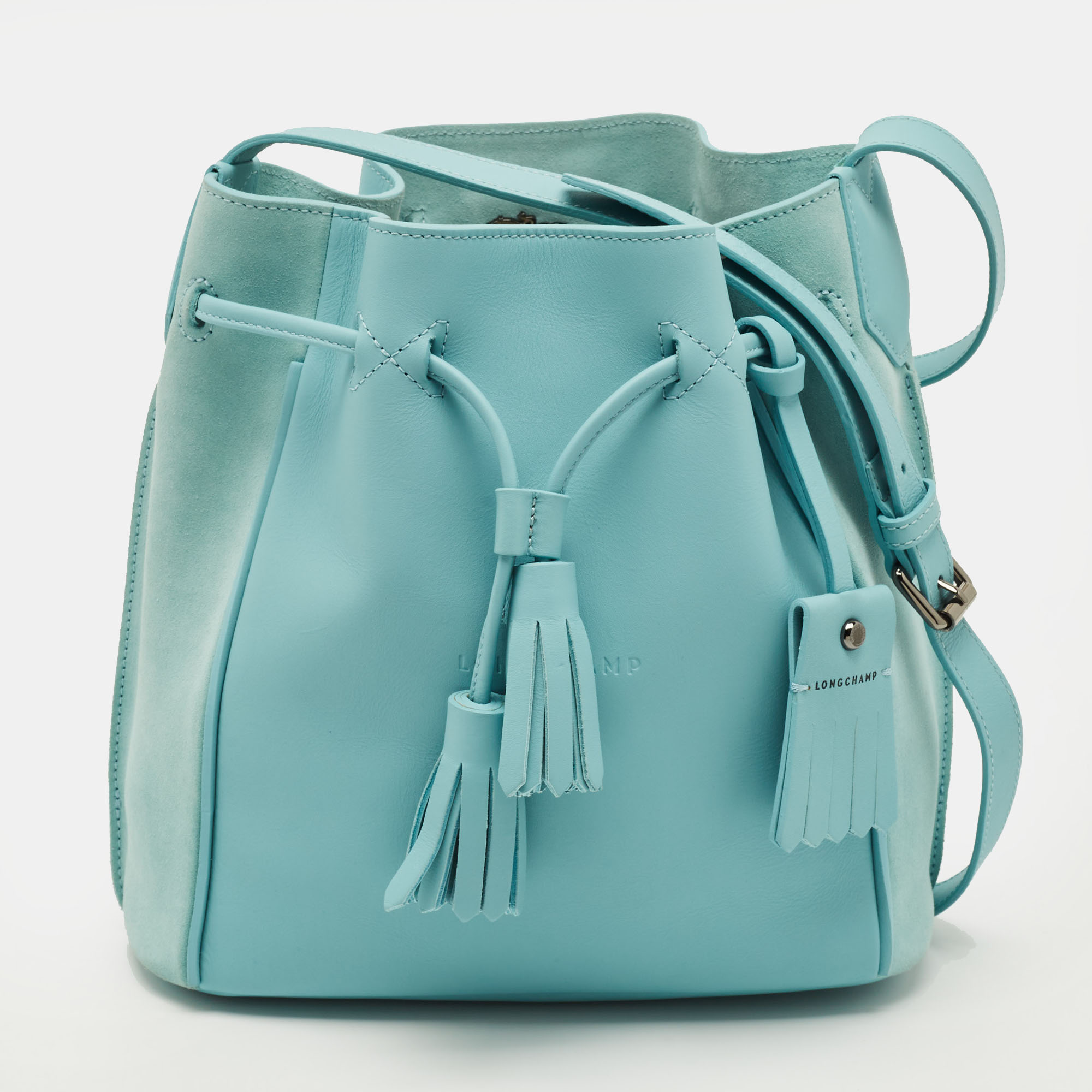 Pre-owned Longchamp Penelope Light Blue Leather And Suede Bucket Bag