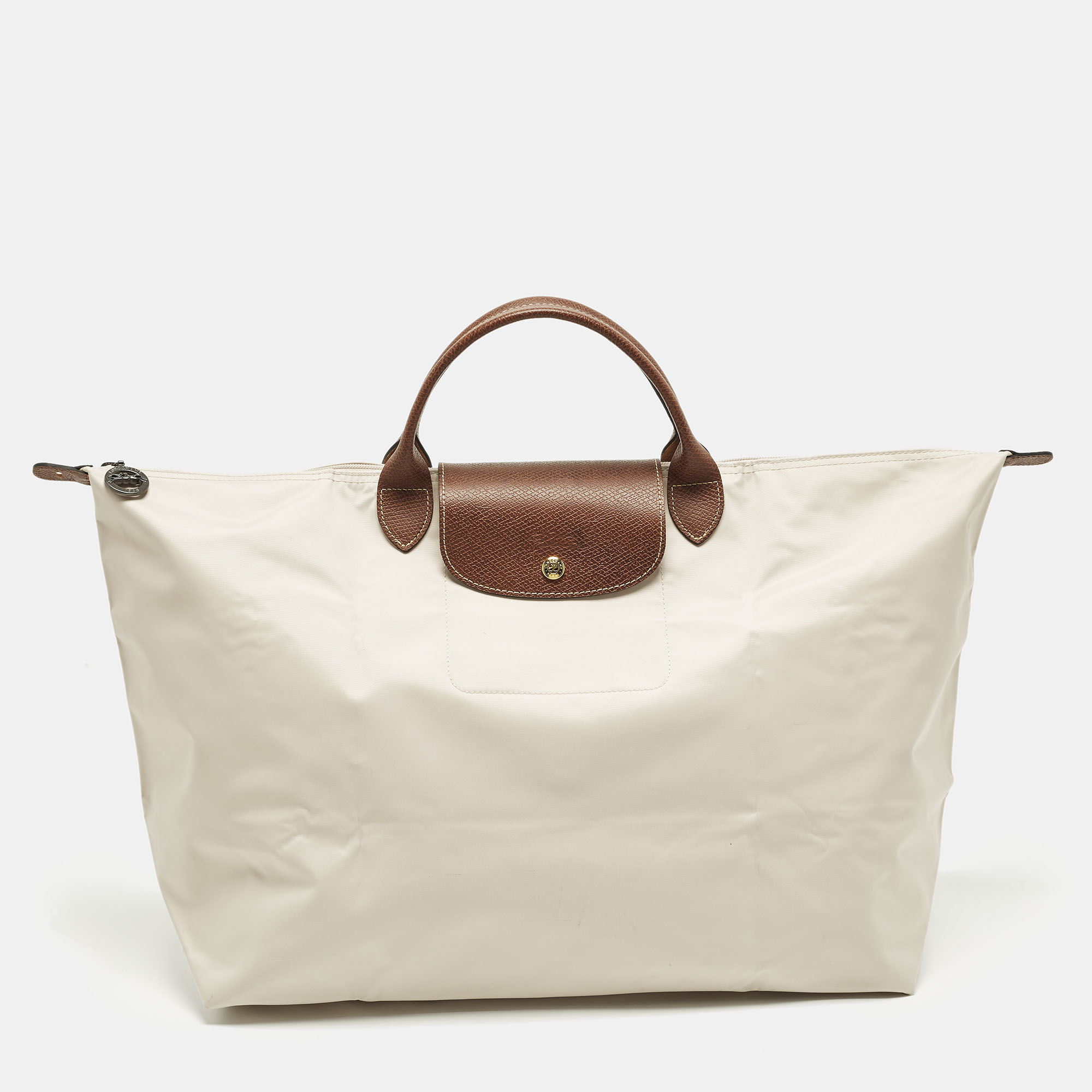 Pre-owned Longchamp Le Pliage Travel Cream/brown Nylon Tote In White