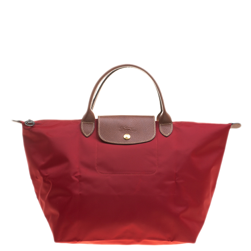 Pre Owned Longchamp Red Nylon Medium Le Pliage Tote