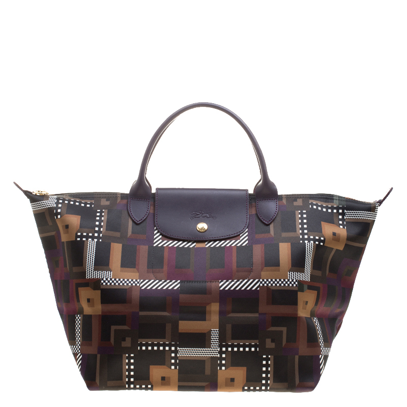 Pre Owned Longchamp Multicolor Printed Satin Medium Le Pliage Tote