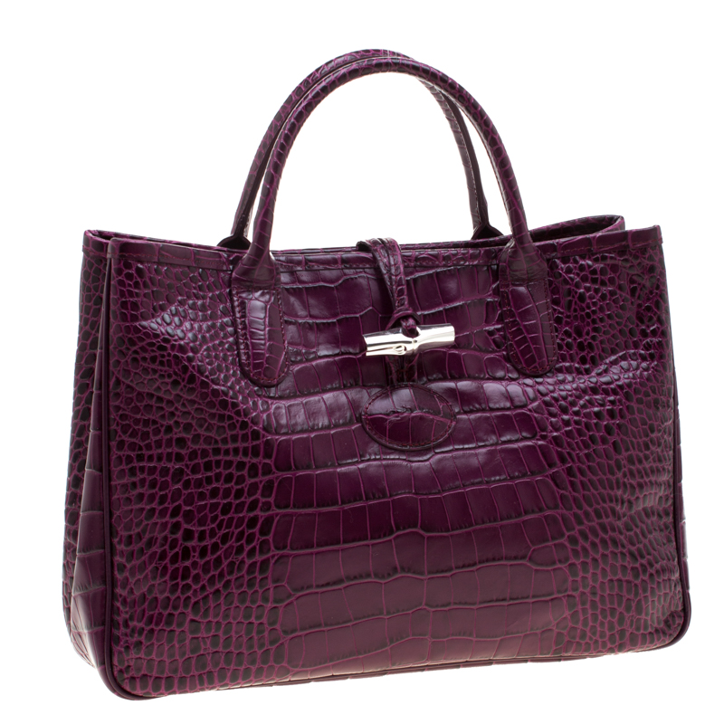 Longchamp Purple Croc Embossed Leather Roseau Tote Longchamp TLC