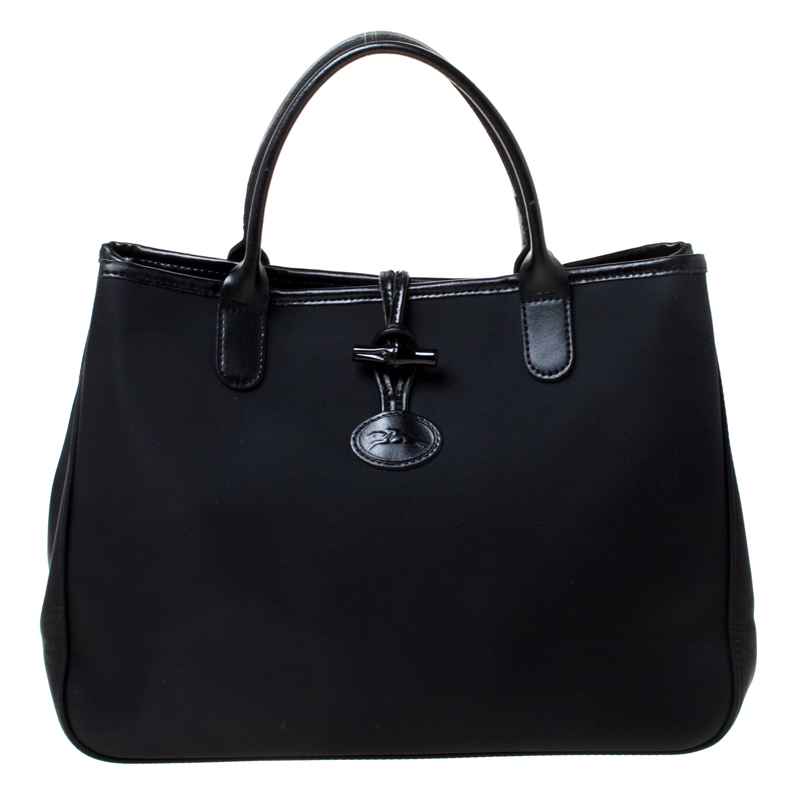 Longchamp Black Nylon and Leather Roseau Tote 